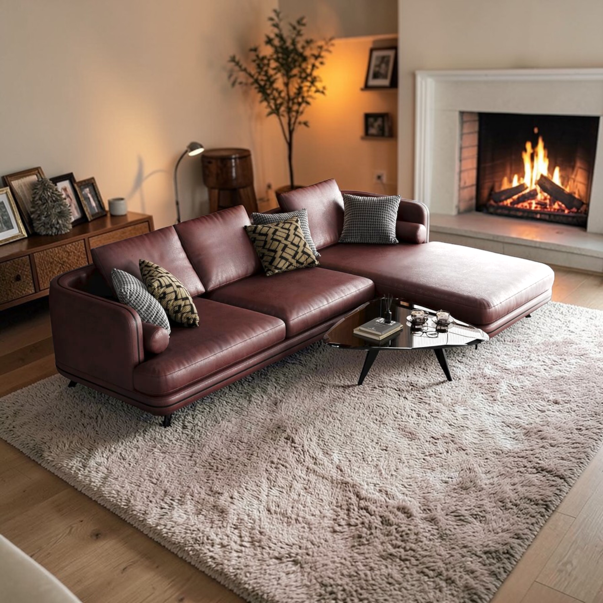 Cozy living room with a brown leather sectional sofa, coffee table, and fireplace.