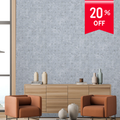 A styled interior scene showing a textured light gray wall with a wood console cabinet, two rust-orange armchairs, and decorative vases, plus a red promotional badge reading 20% OFF in the top right.