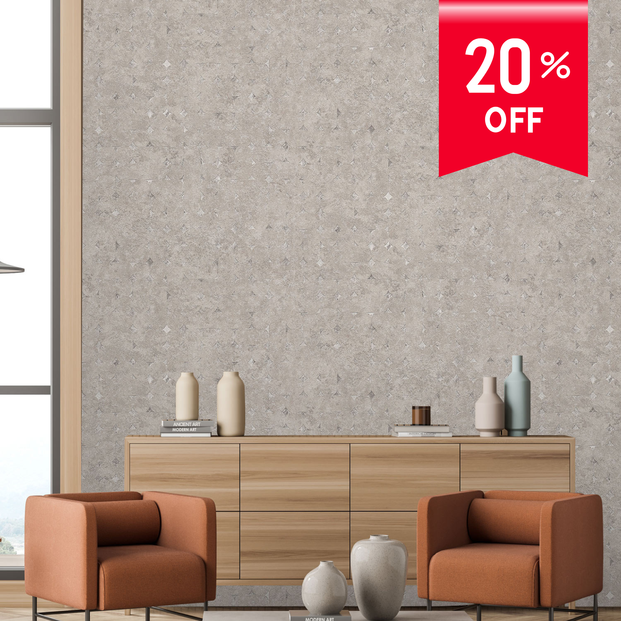 A styled interior scene showing a textured gray wall, a light wood sideboard, two rust-orange armchairs, and decorative vases, with a red '20% OFF' sale banner in the top-right corner.