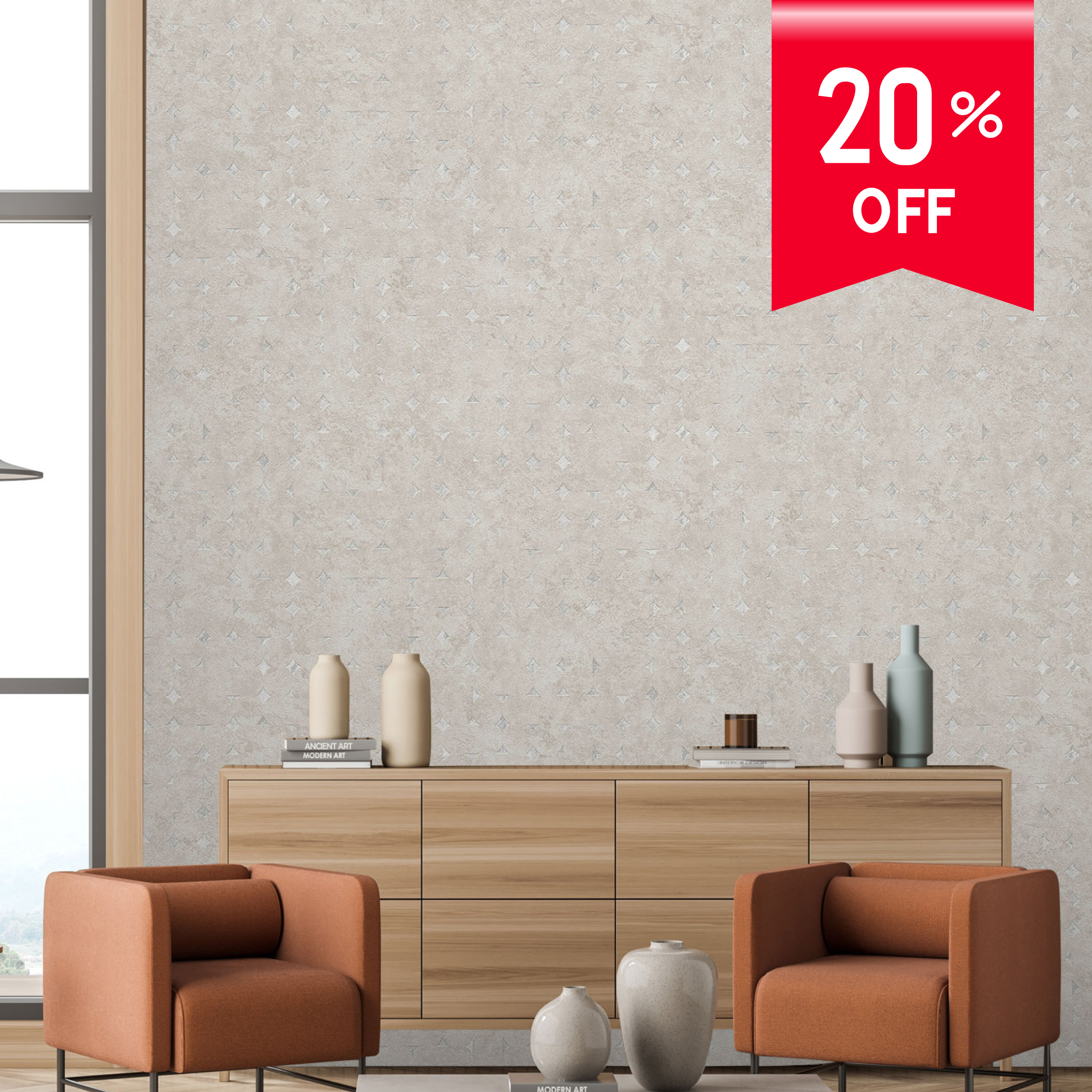 A modern living room scene featuring a large textured light gray wallpaper on the wall behind a light wood credenza, two rust-orange armchairs, and decorative vases. A red promotional banner in the top right corner reads '20% OFF'.