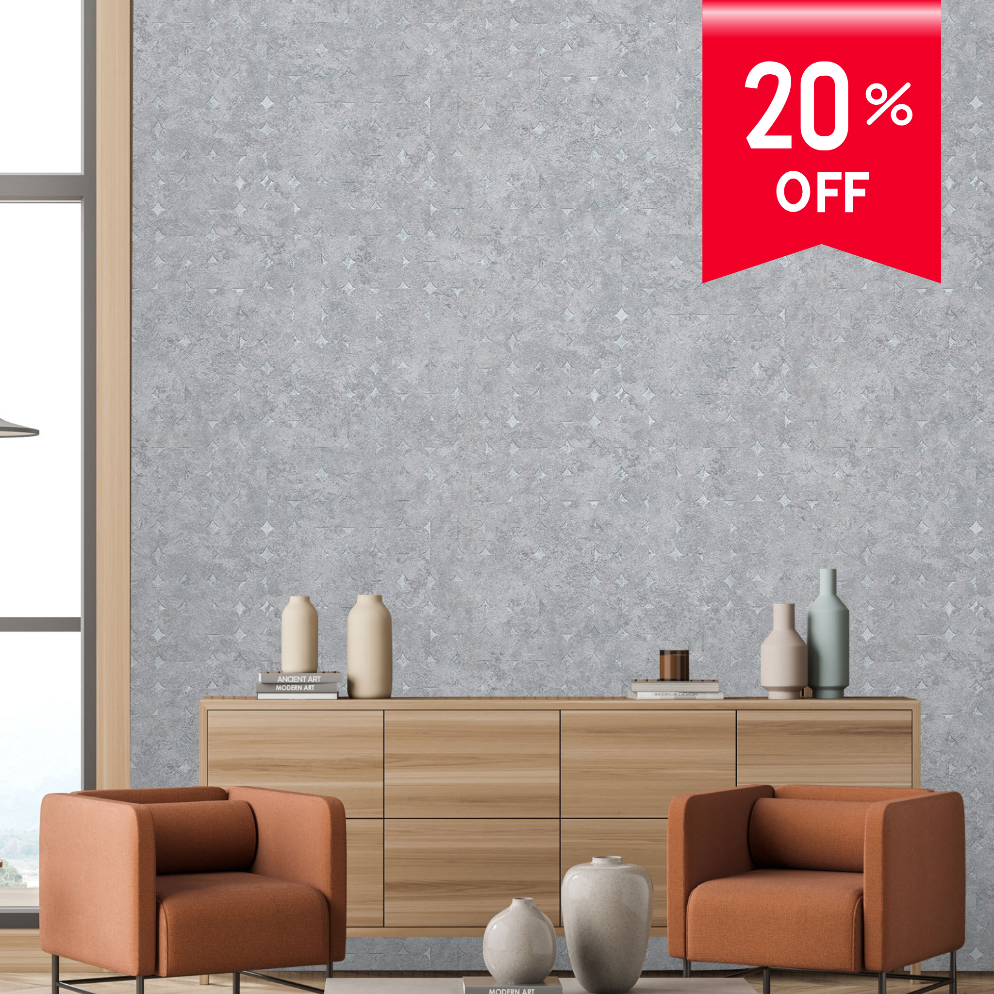 Gray textured wallpaper shown on a wall in a modern living room setting with two orange armchairs, a light wood sideboard, and decorative vases, featuring a red '20% OFF' sale banner overlay.