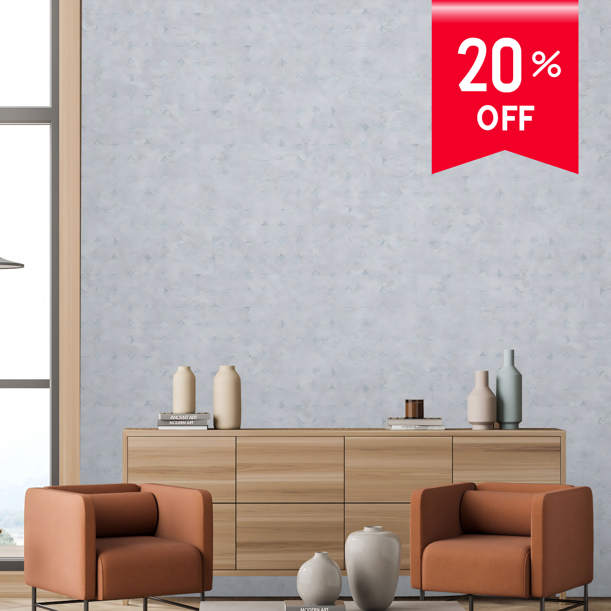 A styled interior scene showing a light wood console cabinet against a textured light gray wall, with two rust-orange armchairs, several vases, and a red promotional badge reading '20% OFF' in the top right corner.