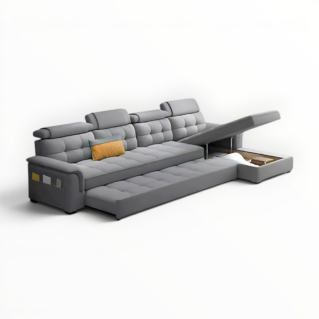 Gray sectional sofa with storage drawers on a white background