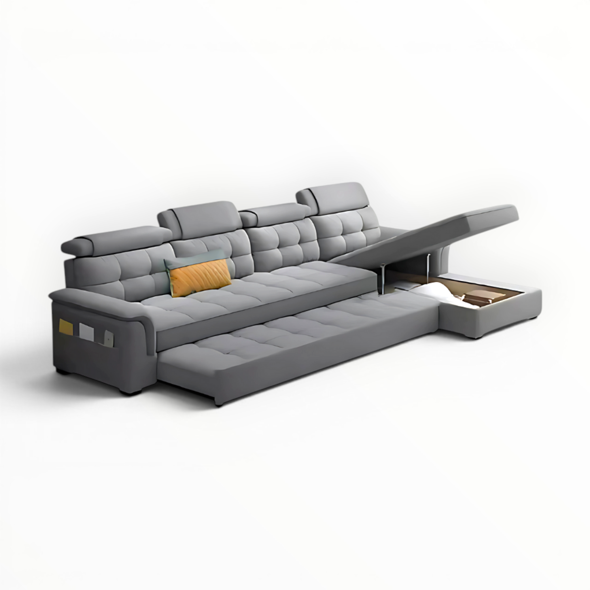 Gray sectional sofa with storage drawers on a white background