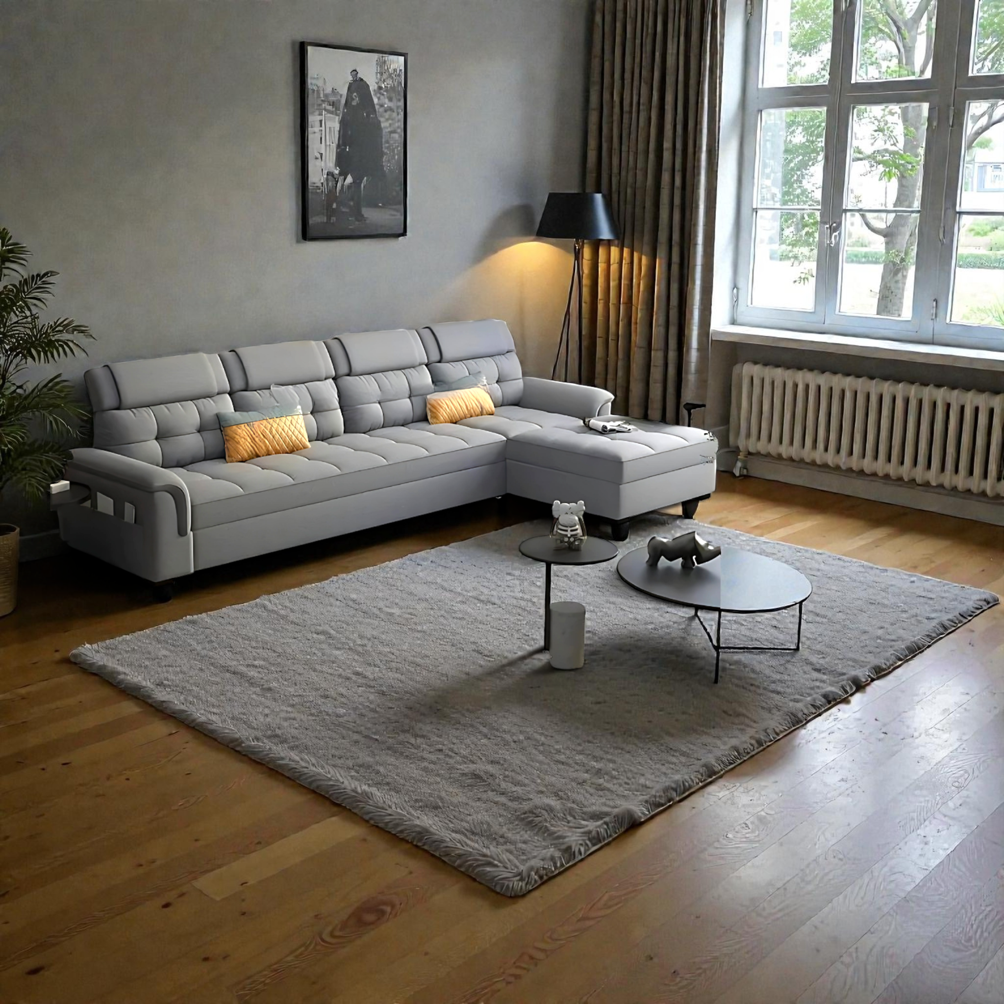 Modern living room with a gray sectional sofa, coffee table, and decorative items.