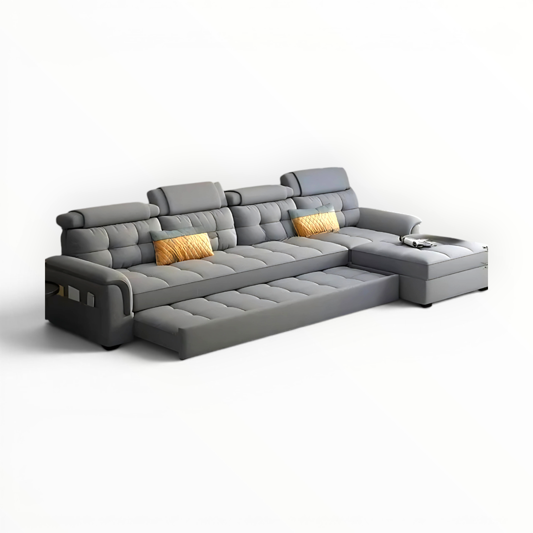 Gray sectional sofa with yellow cushions on a white background