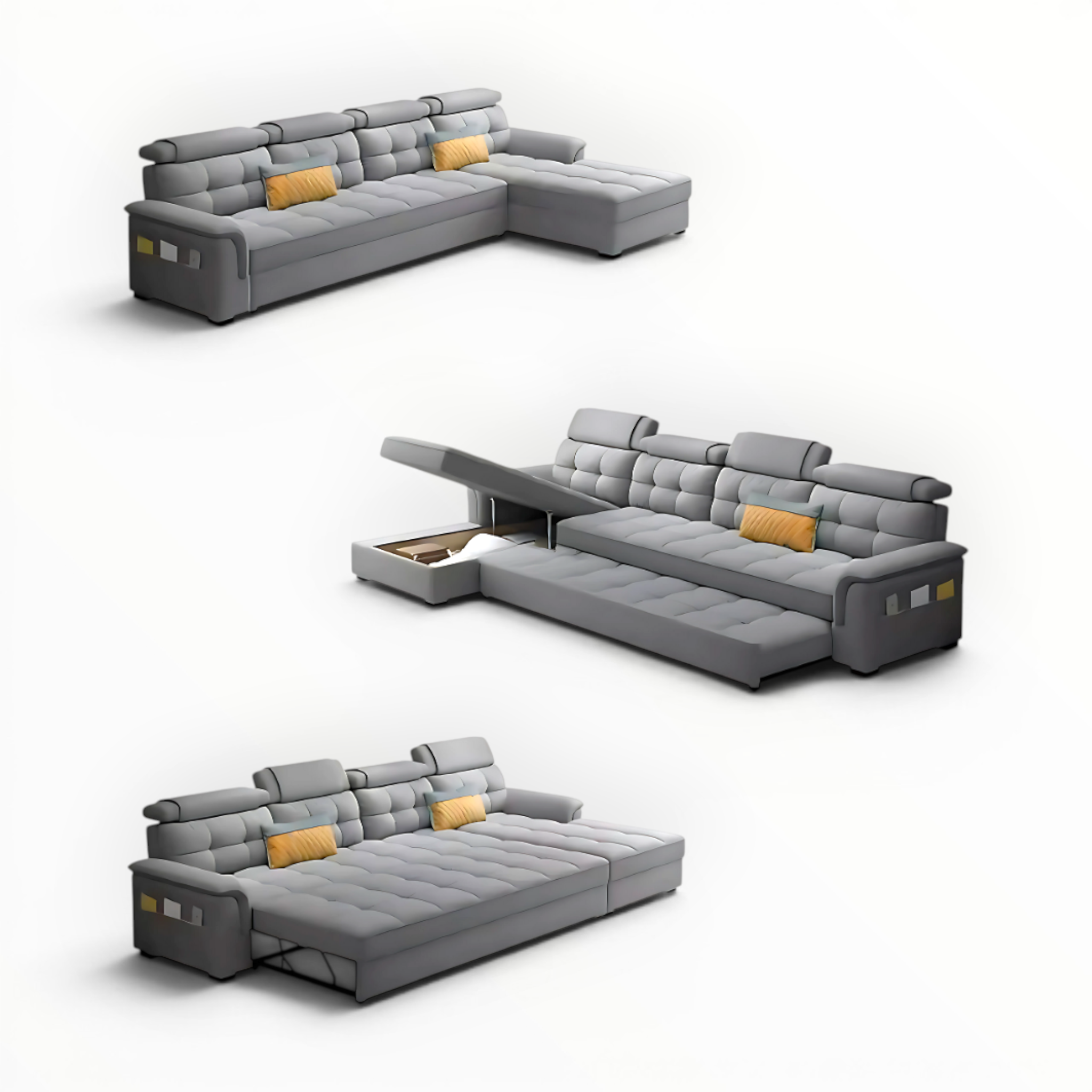 Gray sectional sofa with pull-out bed feature on a white background