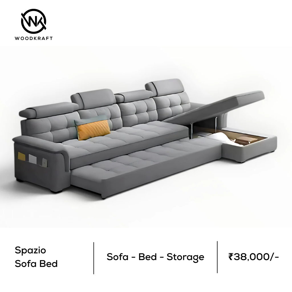Spazio | L-Shape Sofa Cum Bed with Chaise Storage & Adjustable Headrests