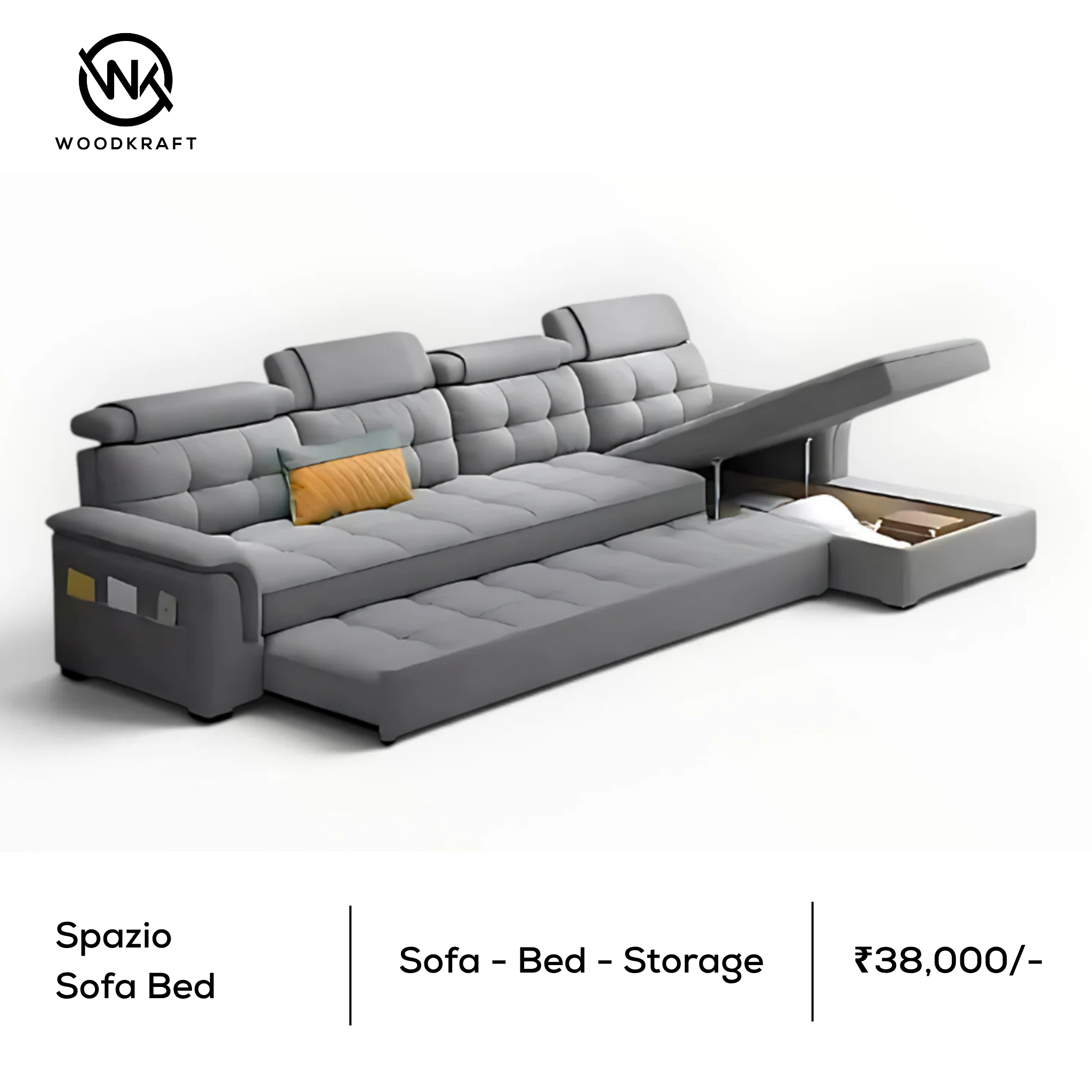 Spazio | L-Shape Sofa Cum Bed with Chaise Storage & Adjustable Headrests