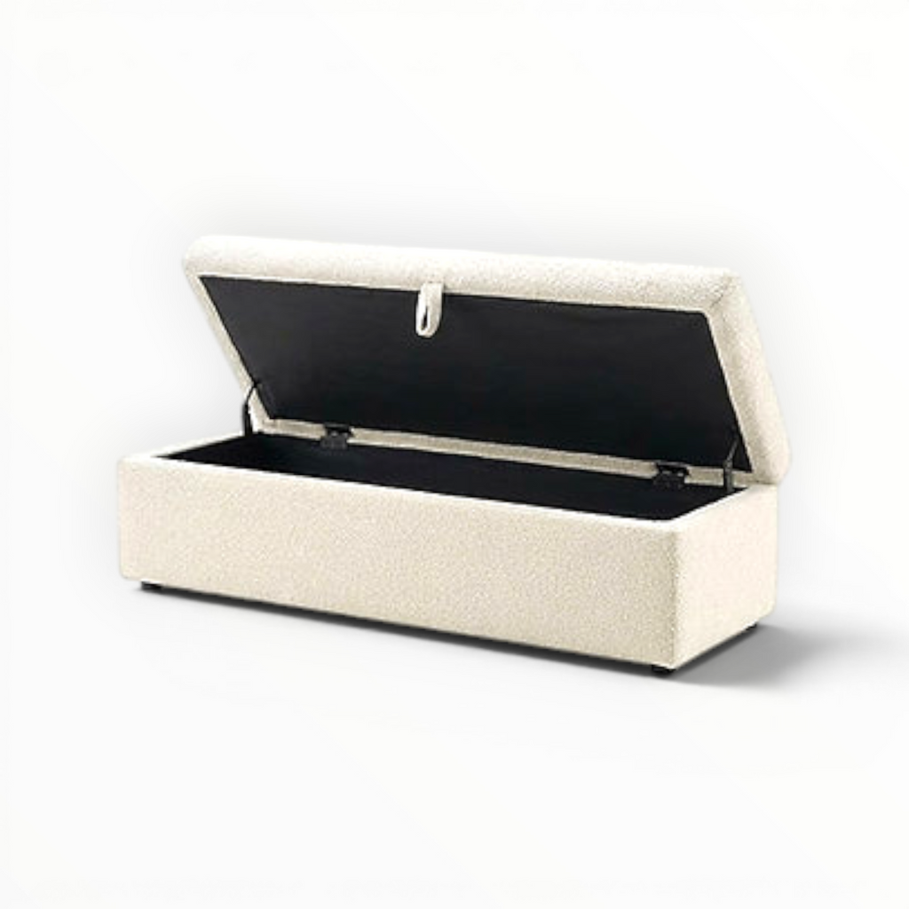 Beige storage bench with open lid on a white background