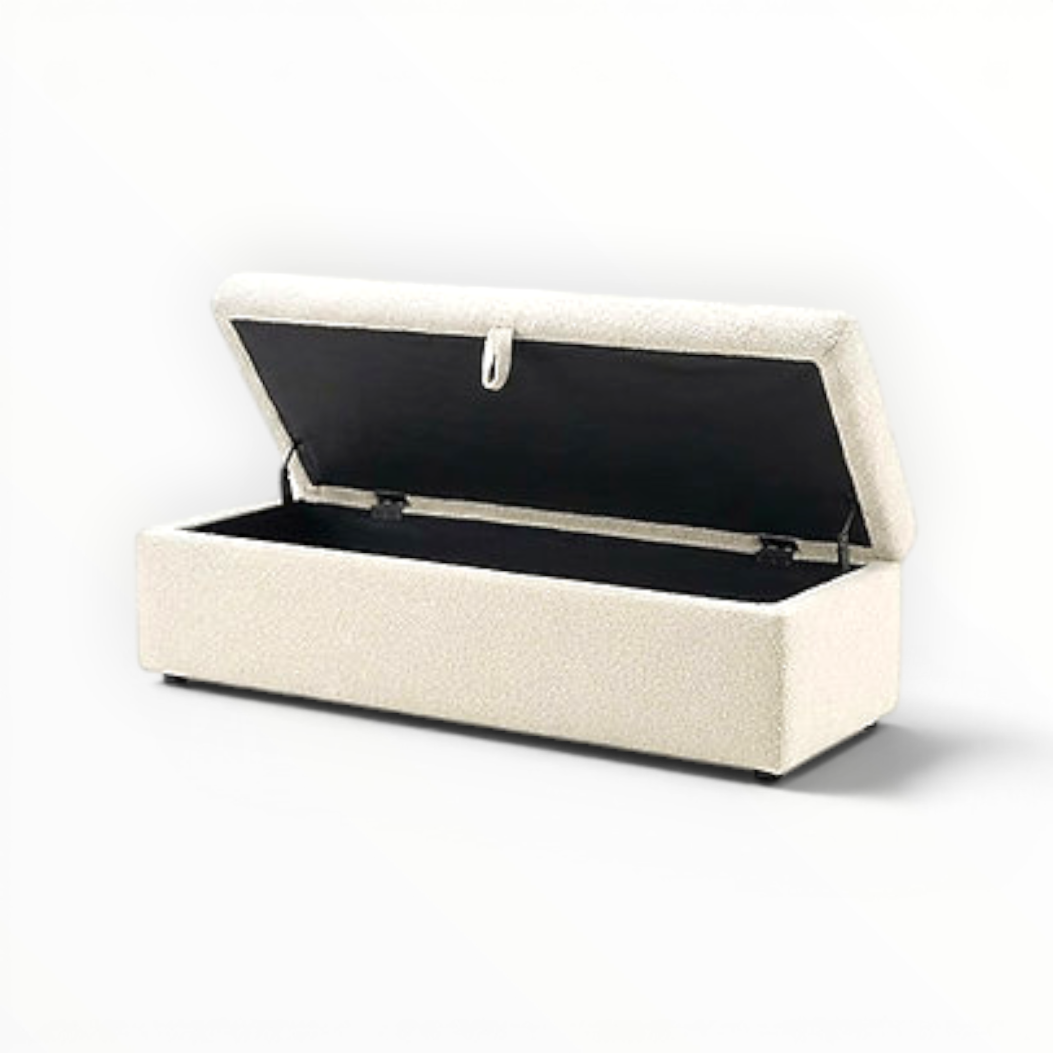 Beige storage bench with open lid on a white background