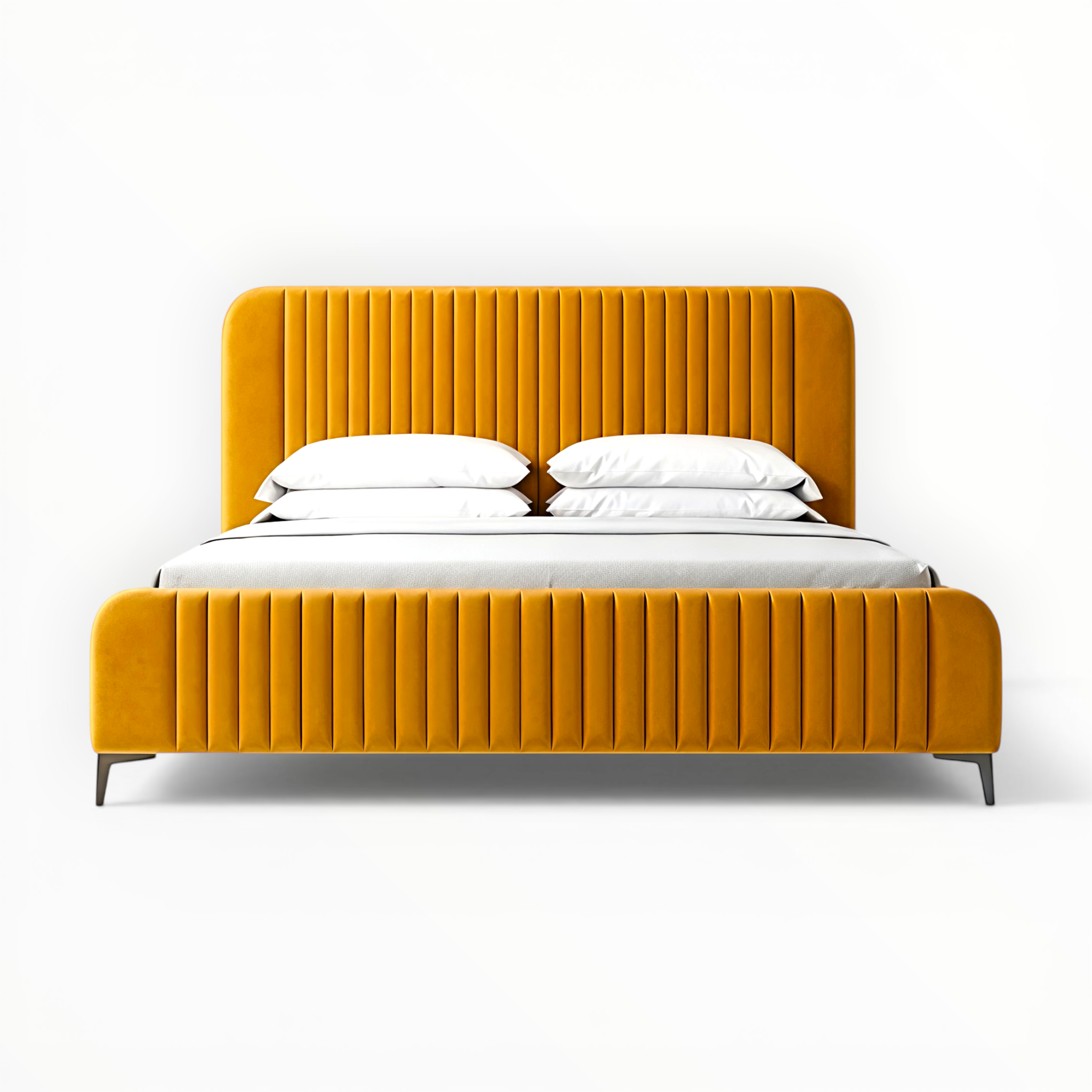 Orange upholstered bed with white bedding on a white background