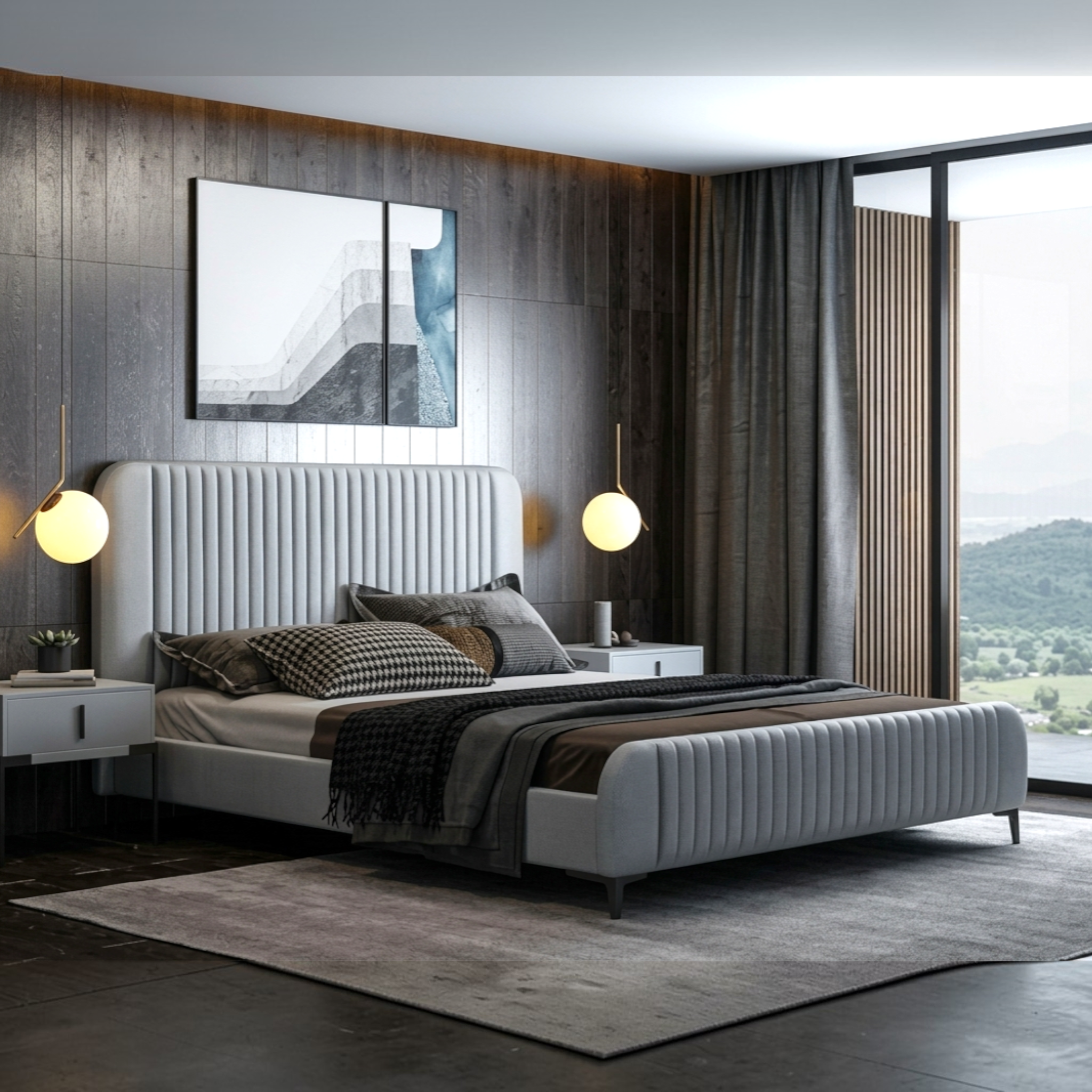 Modern bedroom with a gray upholstered bed, nightstands, and abstract art on the wall.