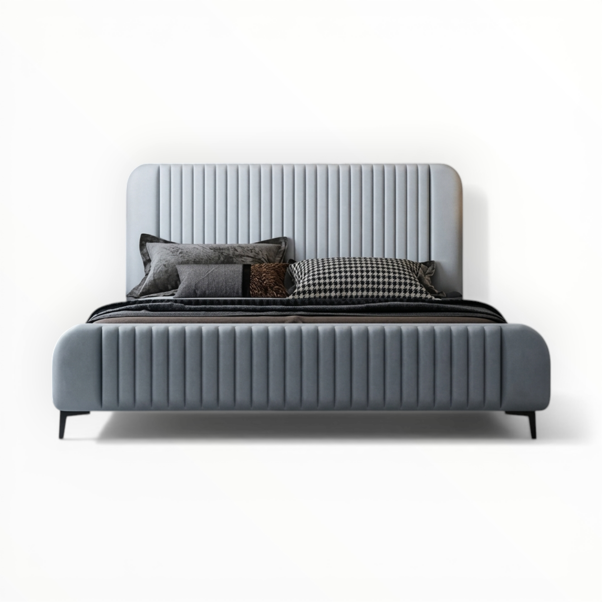 Gray upholstered bed with pillows on a white background