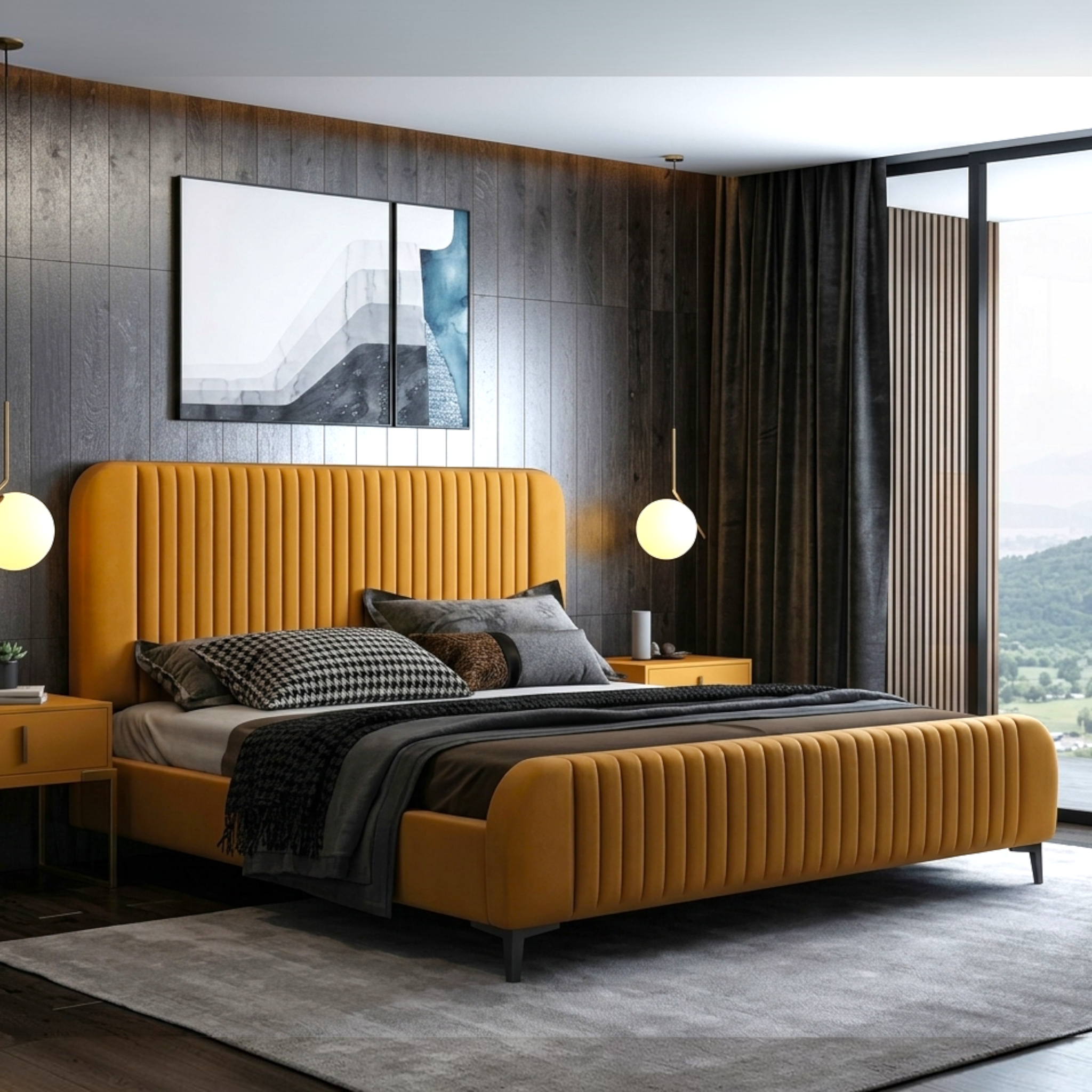 Modern bedroom with a yellow bed and abstract art on the wall.