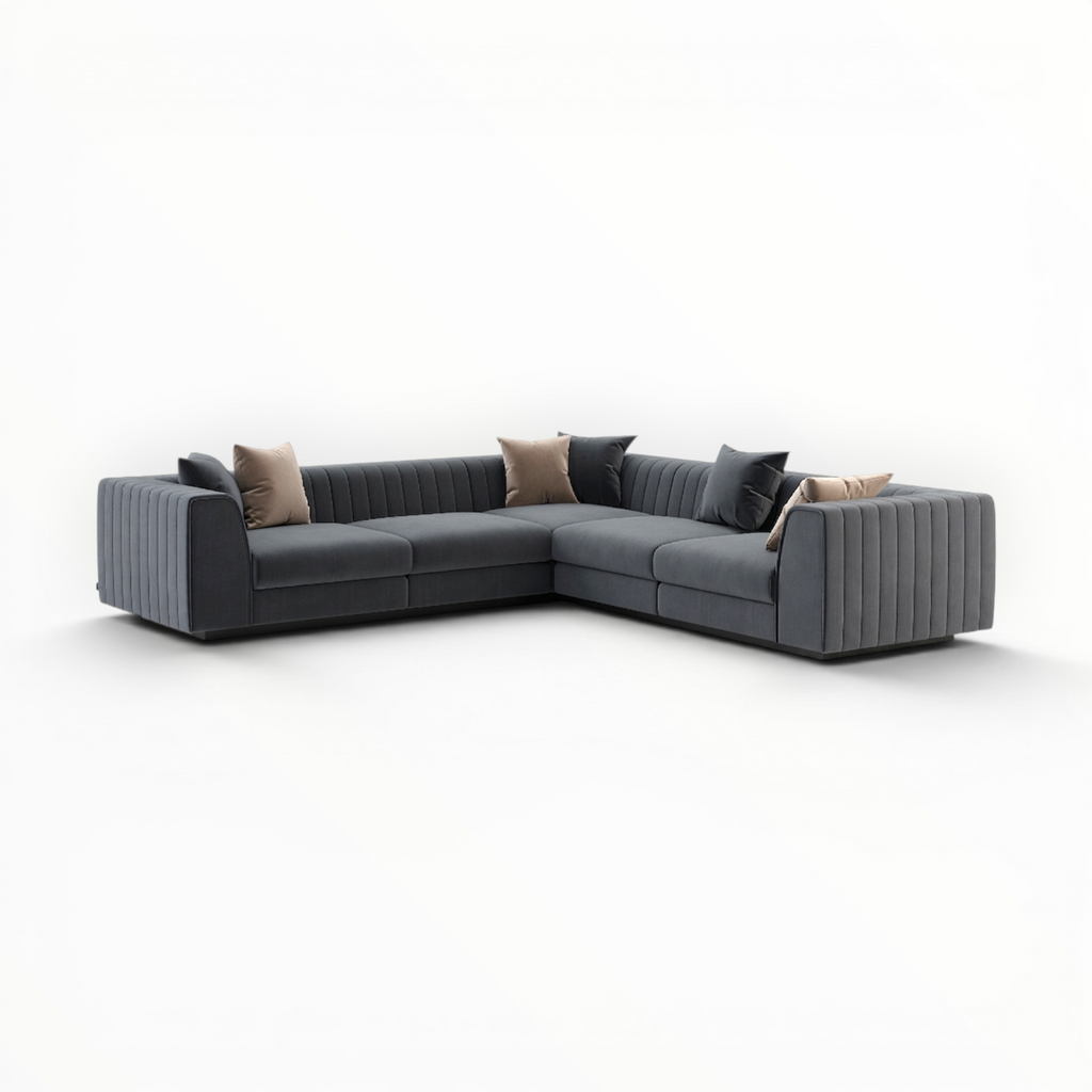 Gray sectional sofa with cushions on a white background