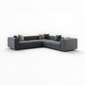 Gray sectional sofa with cushions on a white background
