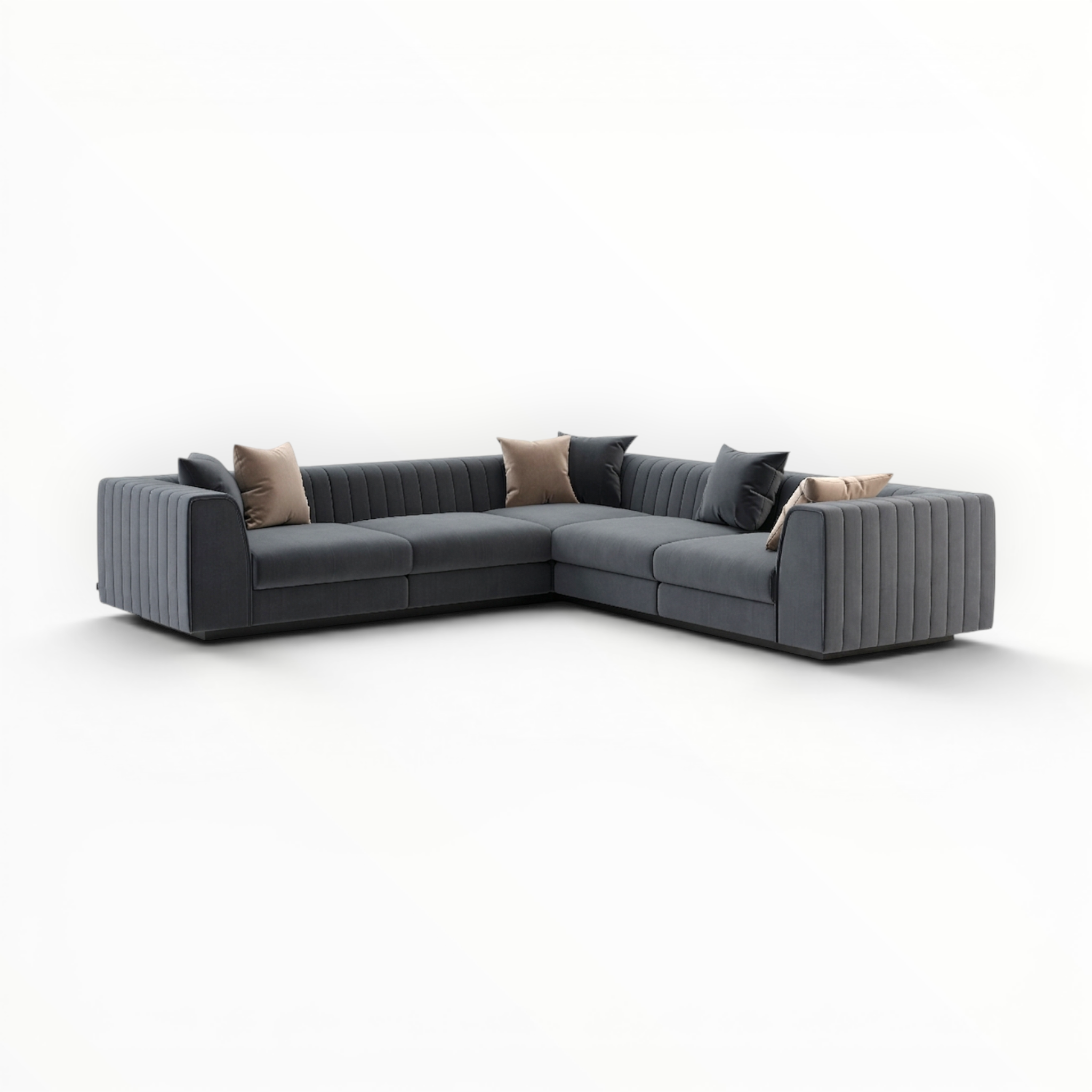 Gray sectional sofa with cushions on a white background