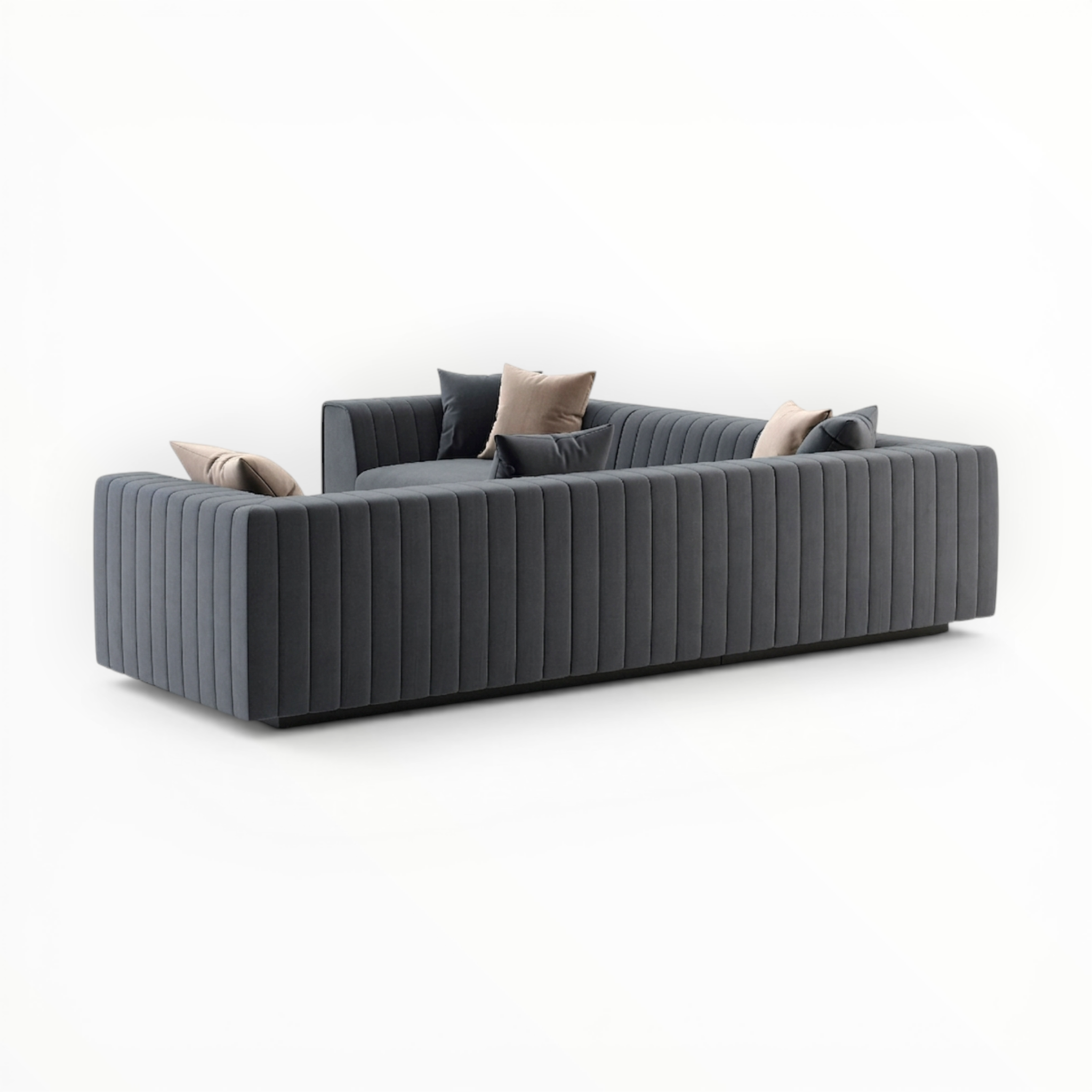 Gray sofa with decorative cushions on a white background