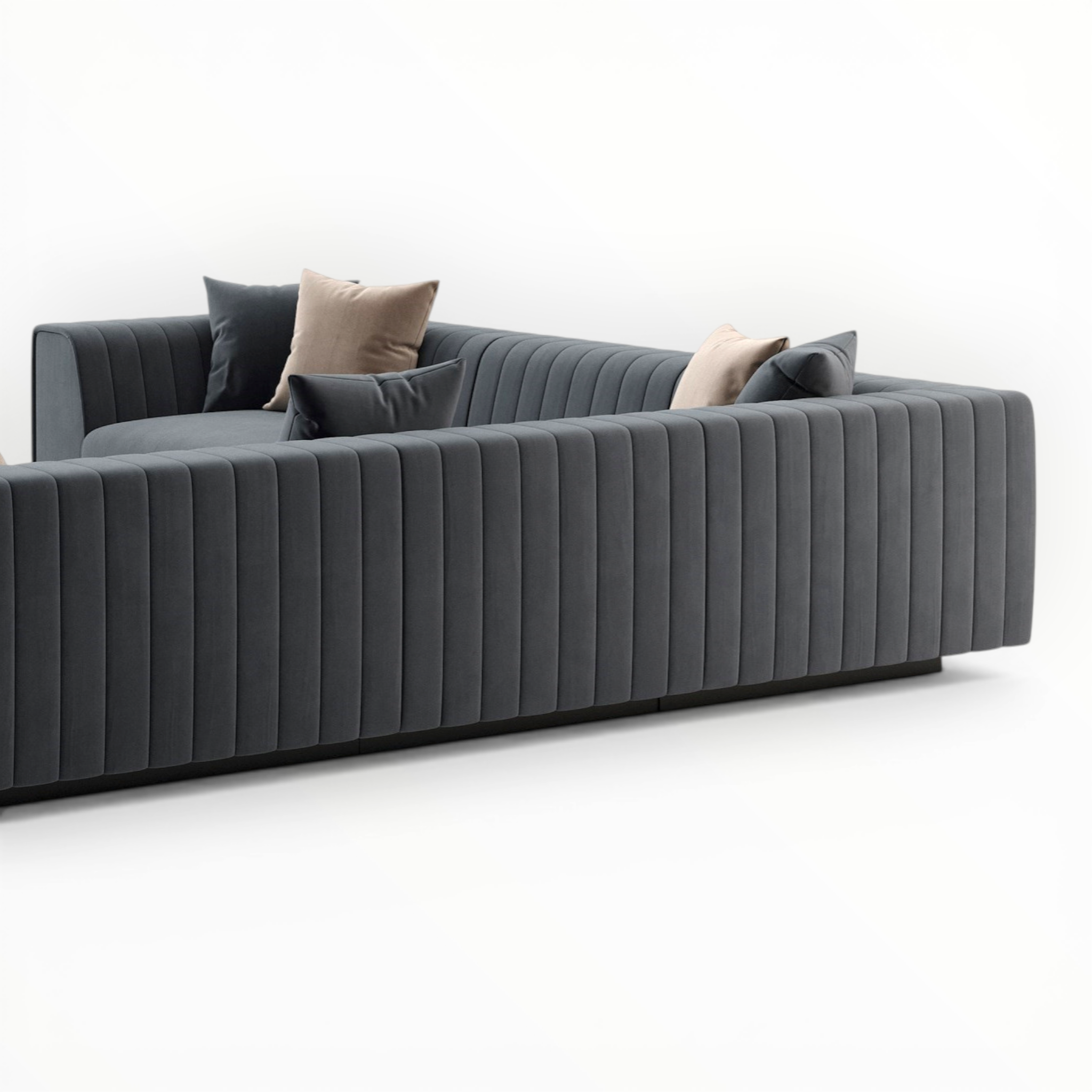 Gray sofa with decorative pillows on a white background