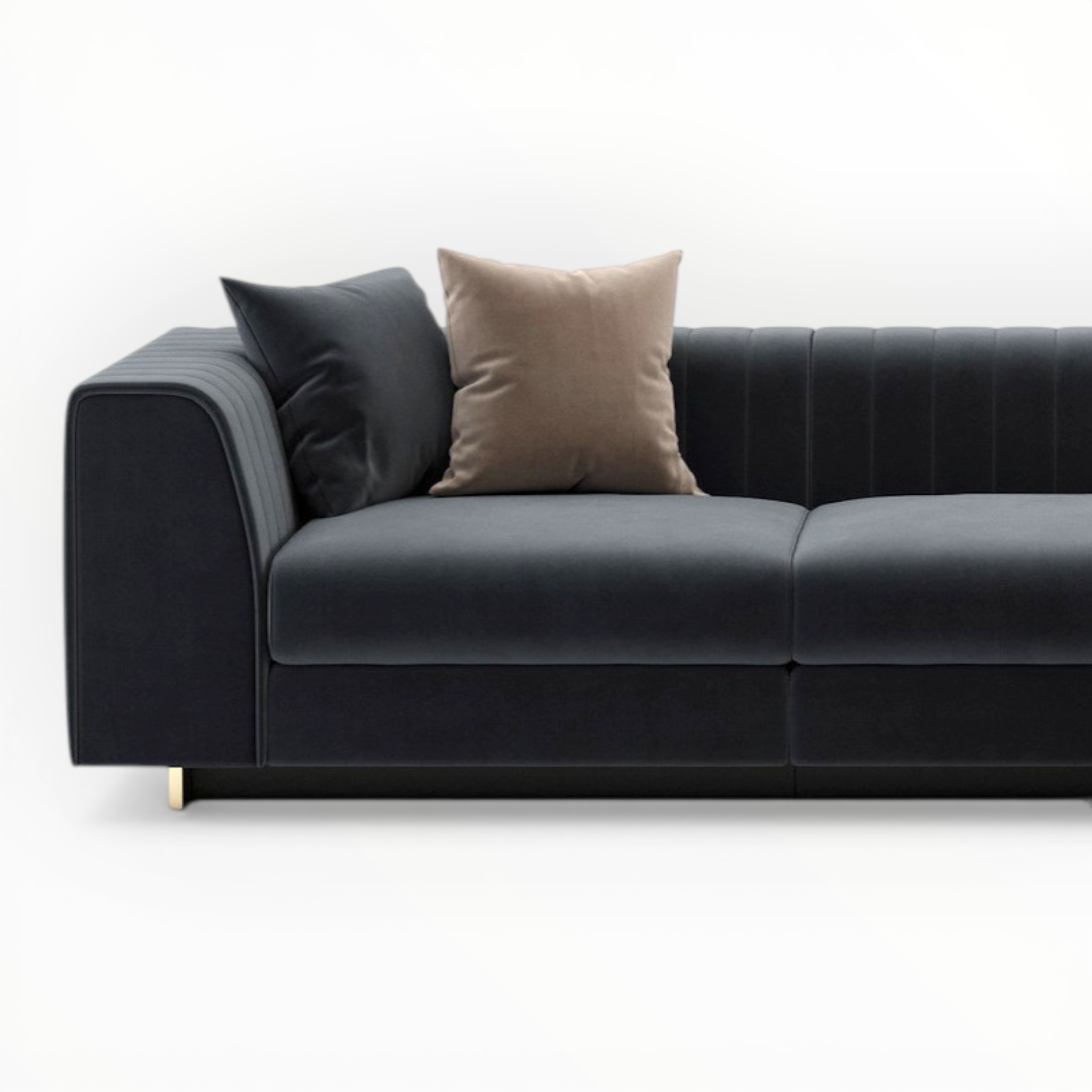 Black sofa with two pillows on a white background