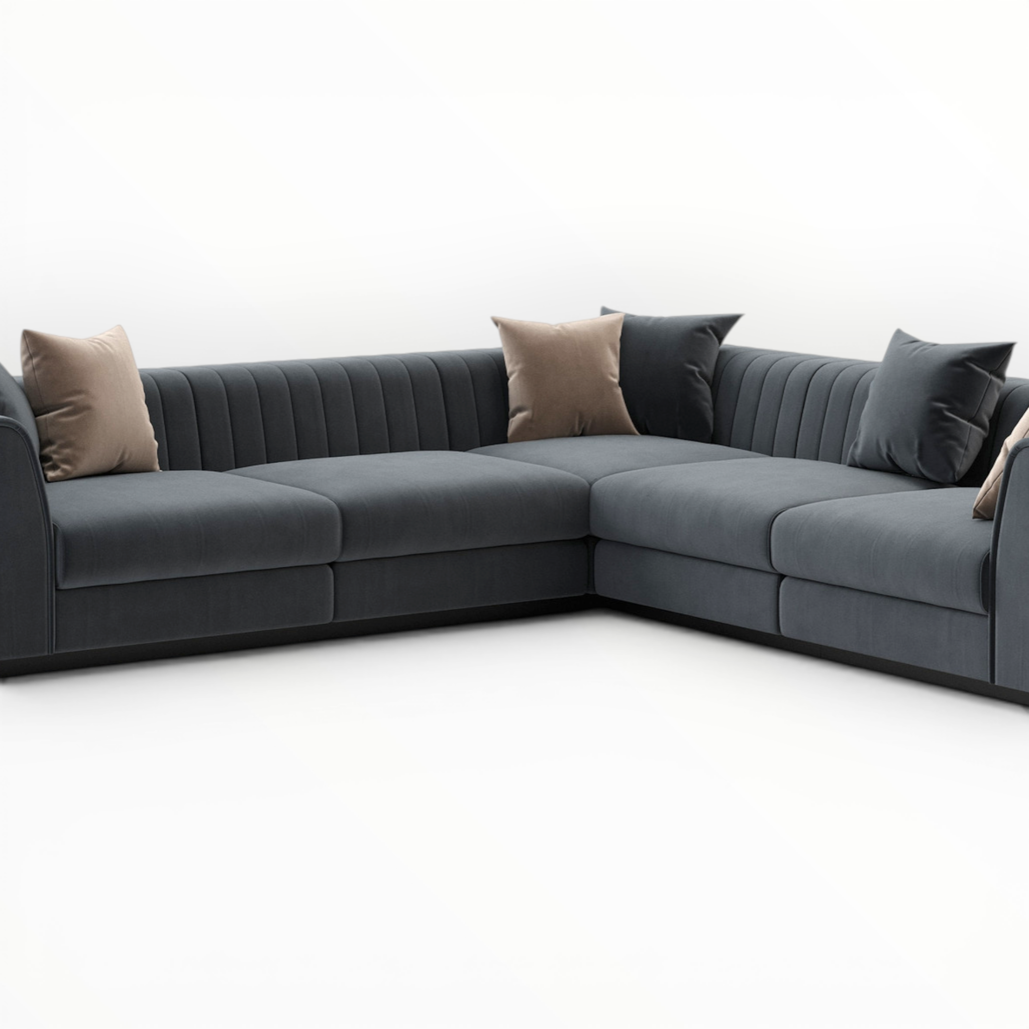 Gray sectional sofa with cushions on a white background