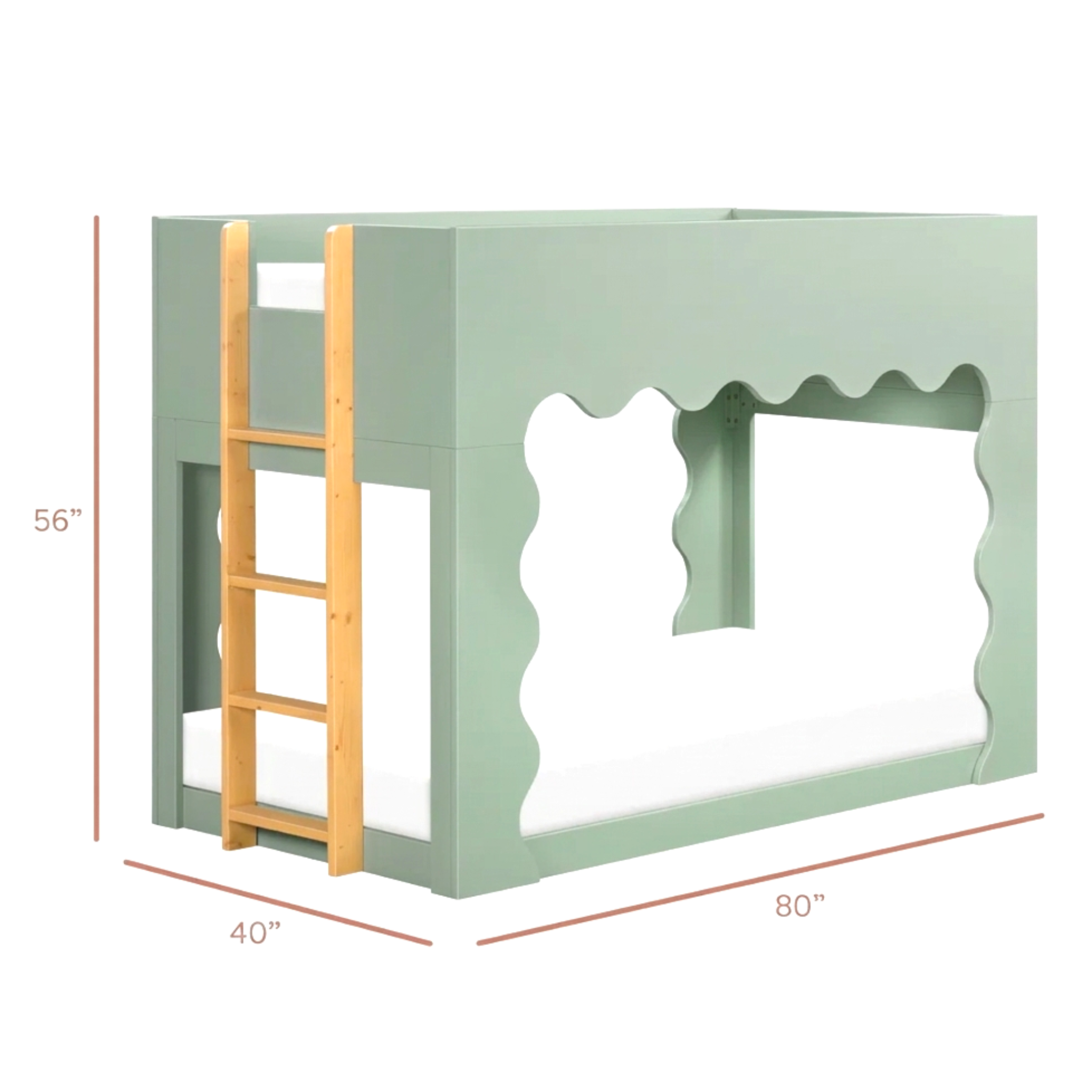 Green children's bunk bed with wooden ladder and measurements on a white background