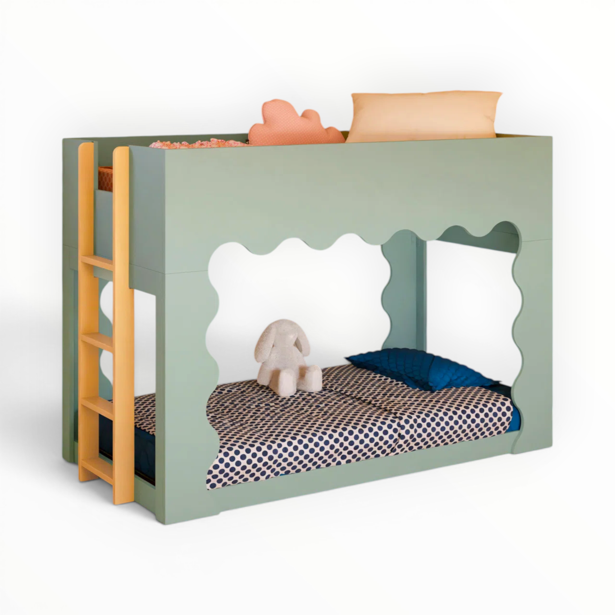 Children's bed with a ladder and toys on a white background