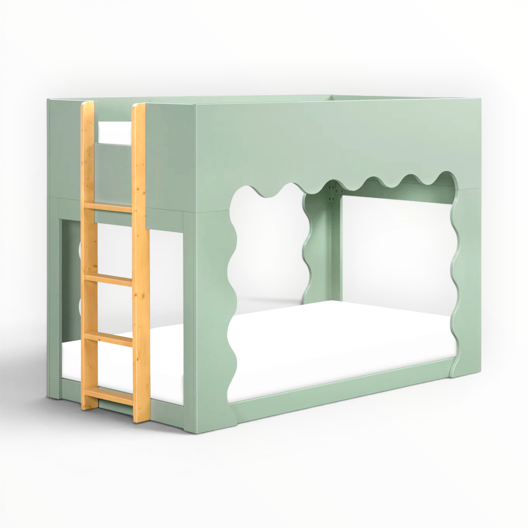Green children's bunk bed with white mattress and wooden ladder on a white background