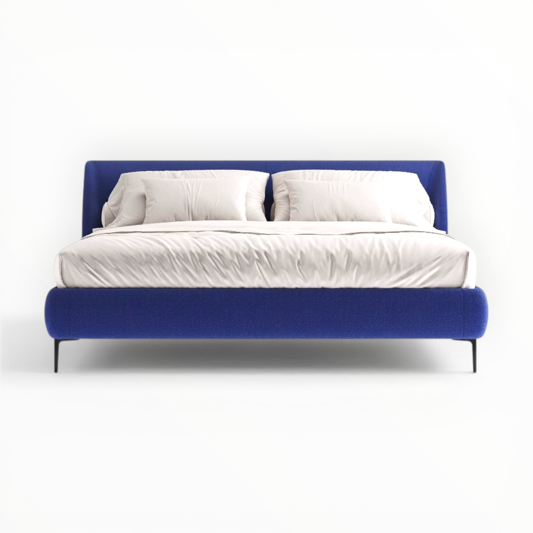 Modern bed with blue frame and white bedding on a white background