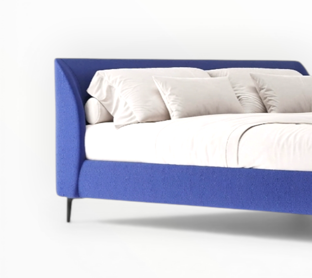 Blue bed frame with white mattress and pillows on a white background
