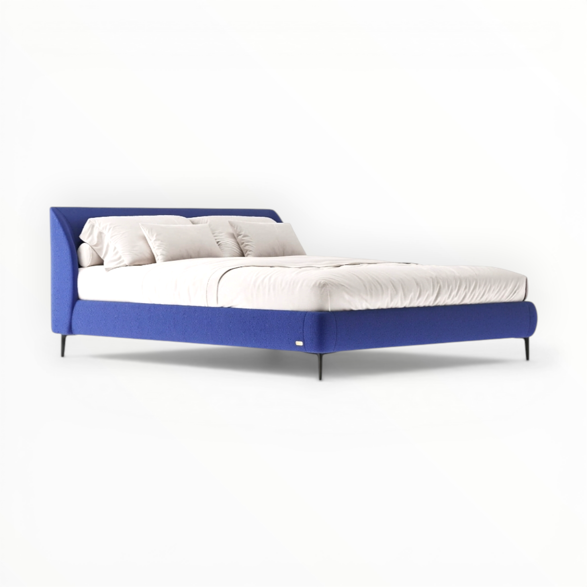 Blue bed frame with white mattress and pillows on a white background
