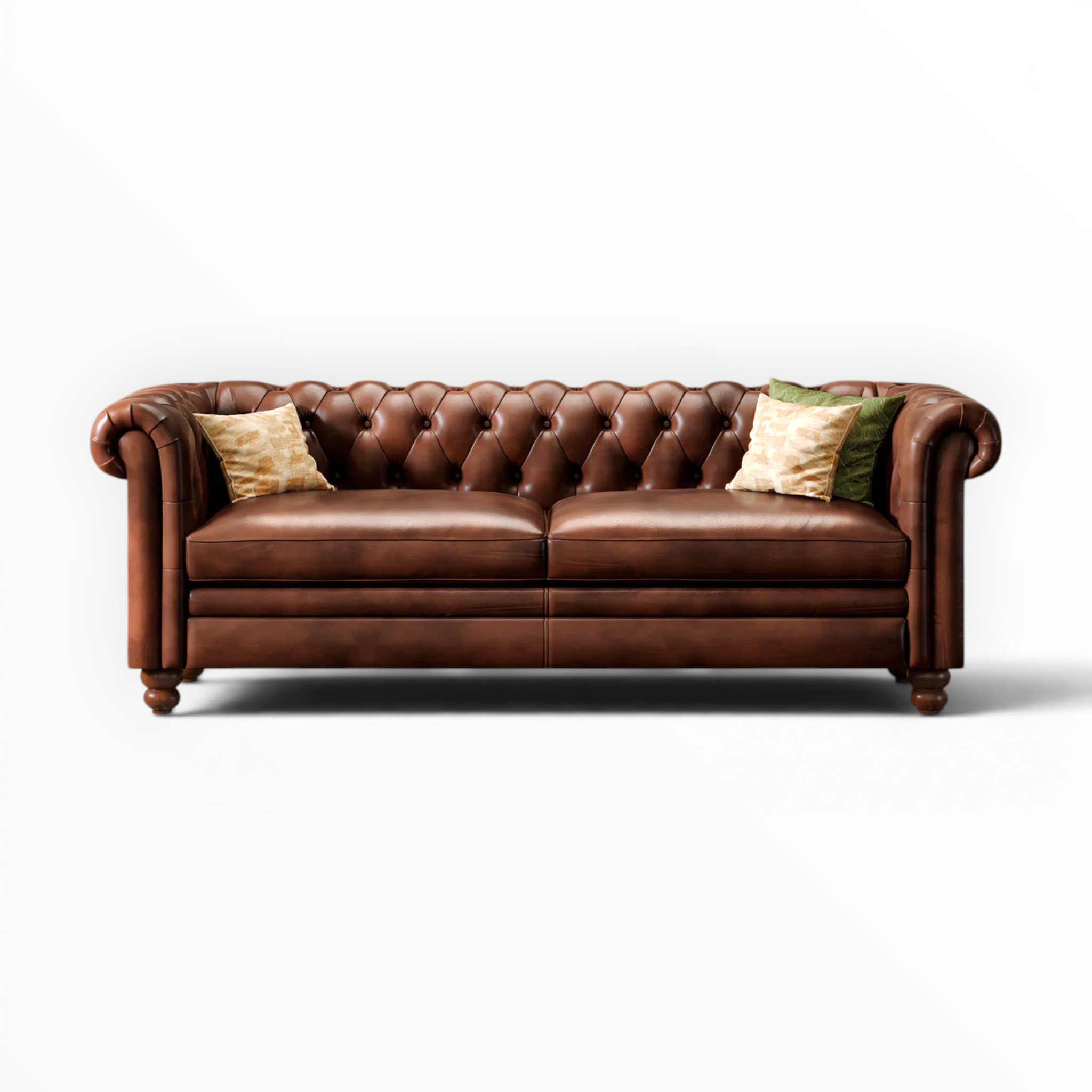 Brown leather sofa with decorative pillows on a white background