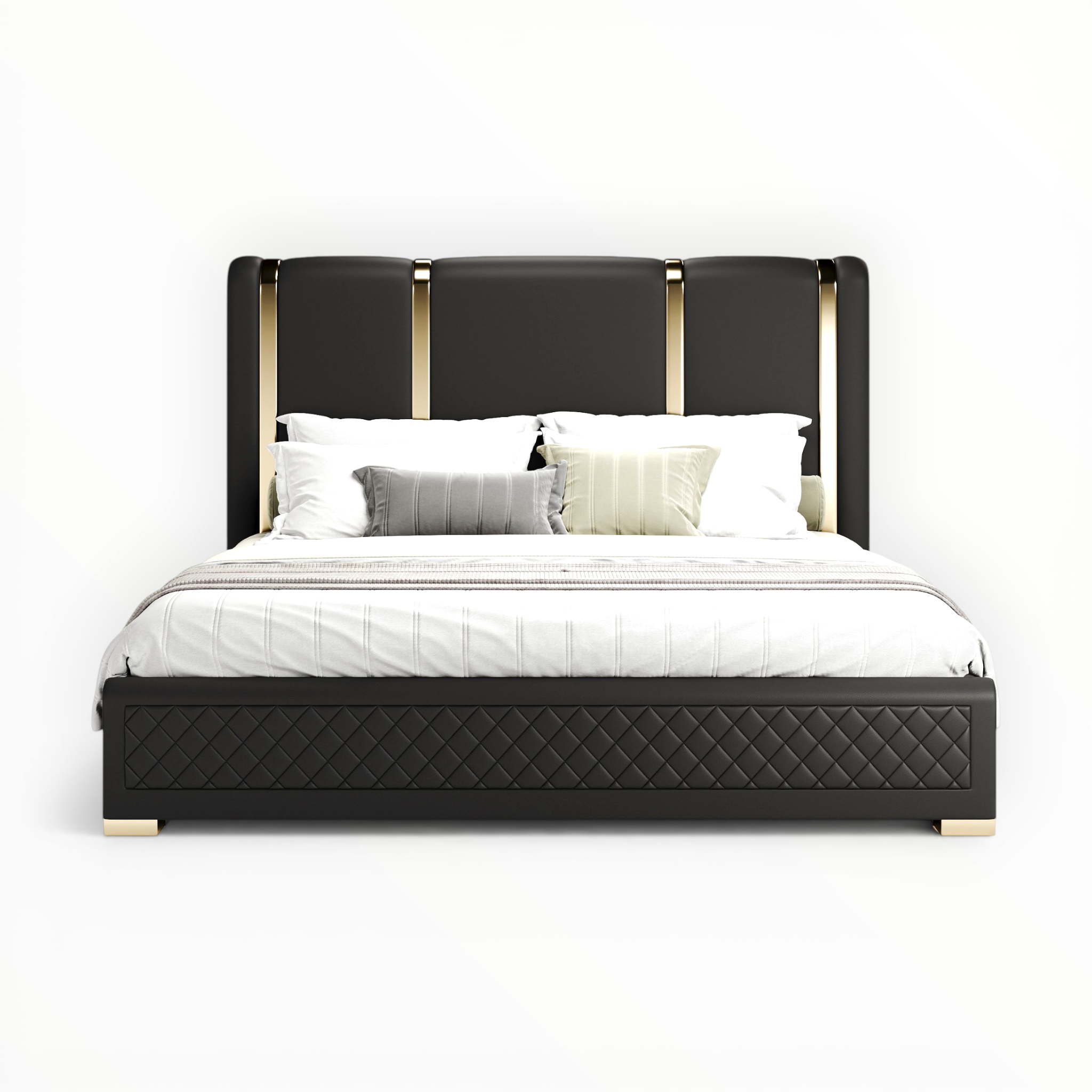 Black upholstered bed with white bedding on a white background