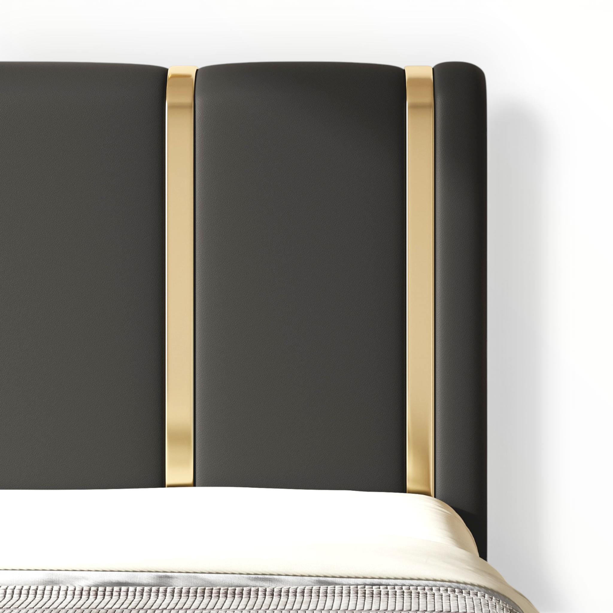 Black headboard with gold accents on a white background