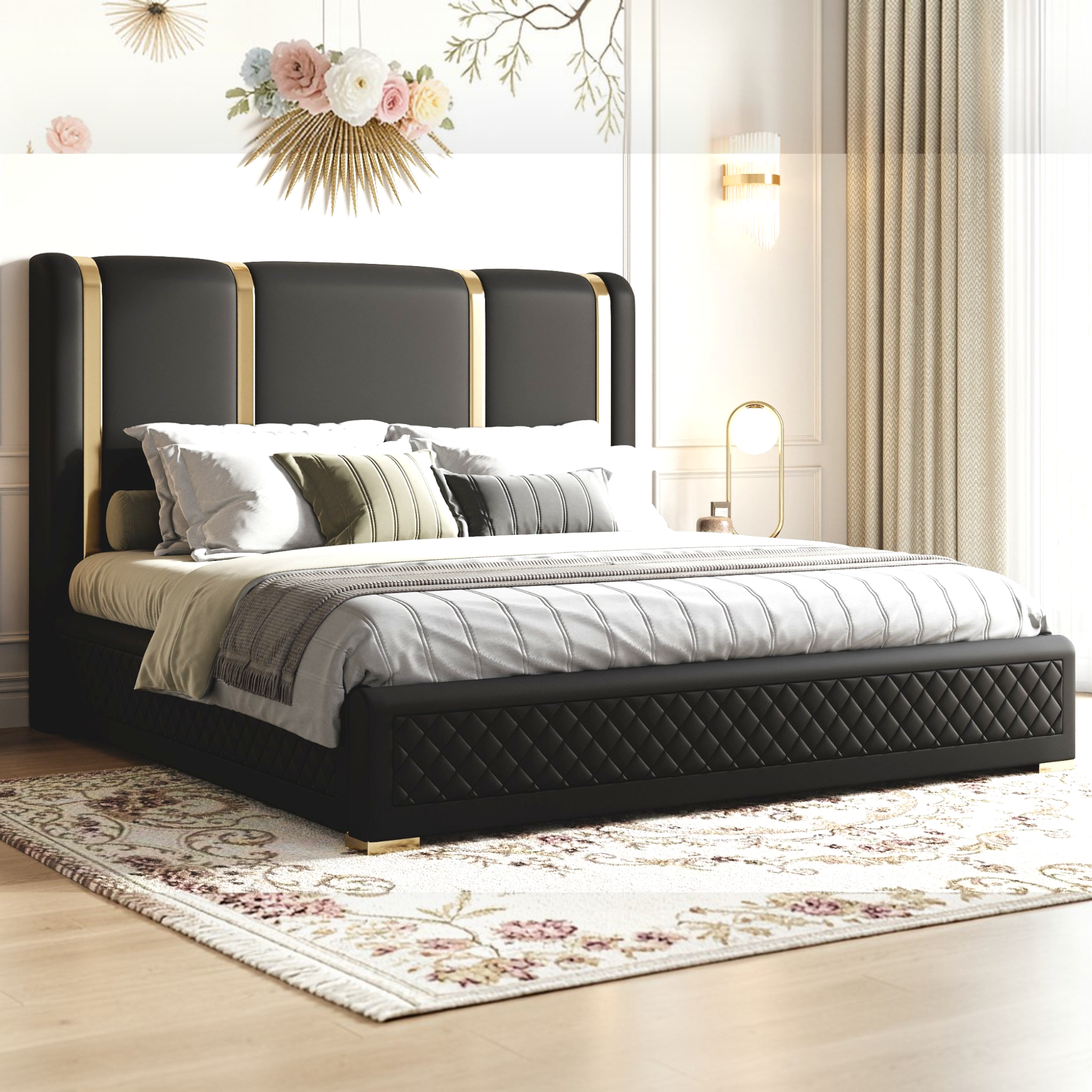 Black upholstered bed with striped bedding in a bedroom setting