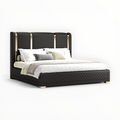 Black bed frame with white bedding on a white background