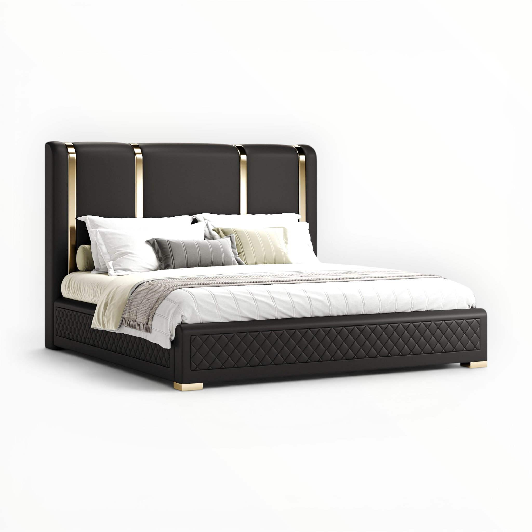 Black bed frame with white bedding on a white background