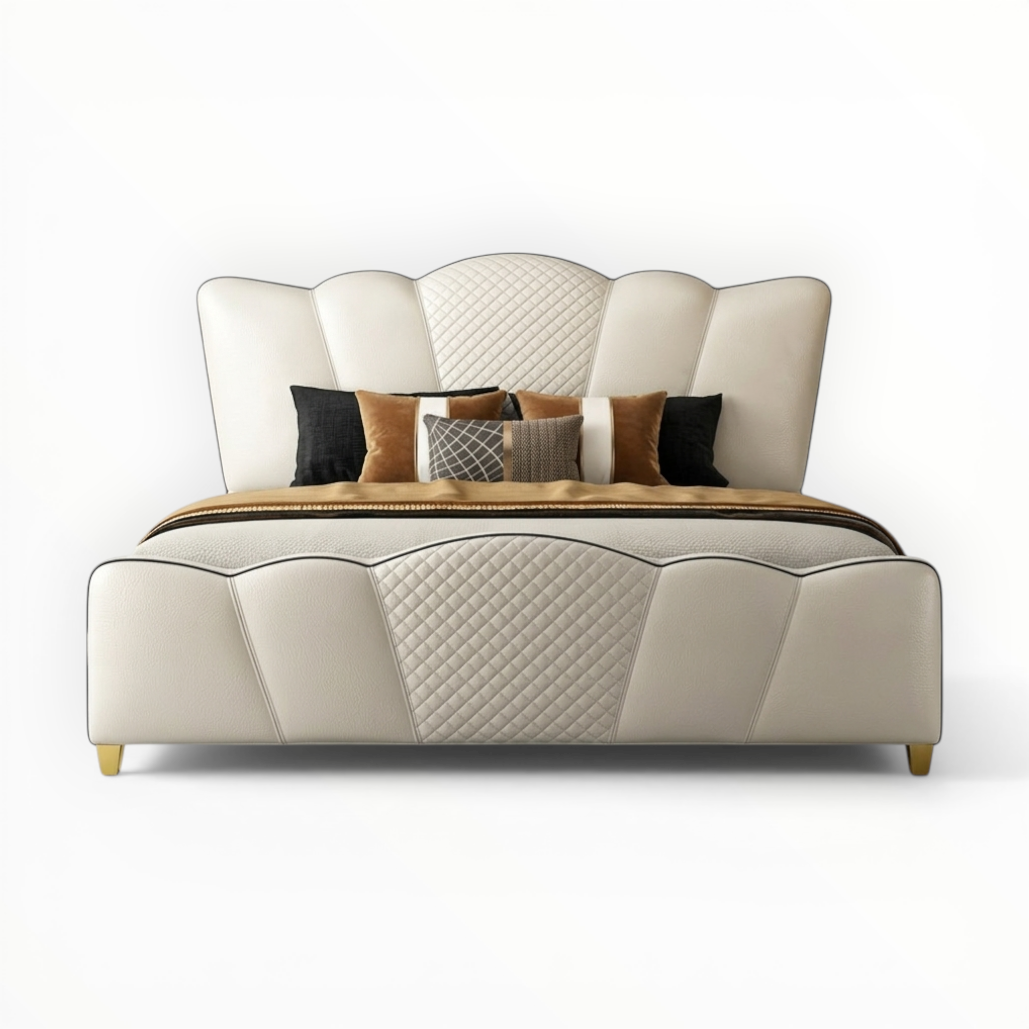 Beige upholstered bed with decorative pillows on a white background