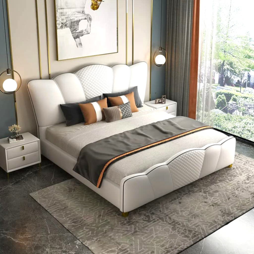 Modern bedroom with a white bed, nightstands, and decorative pillows.