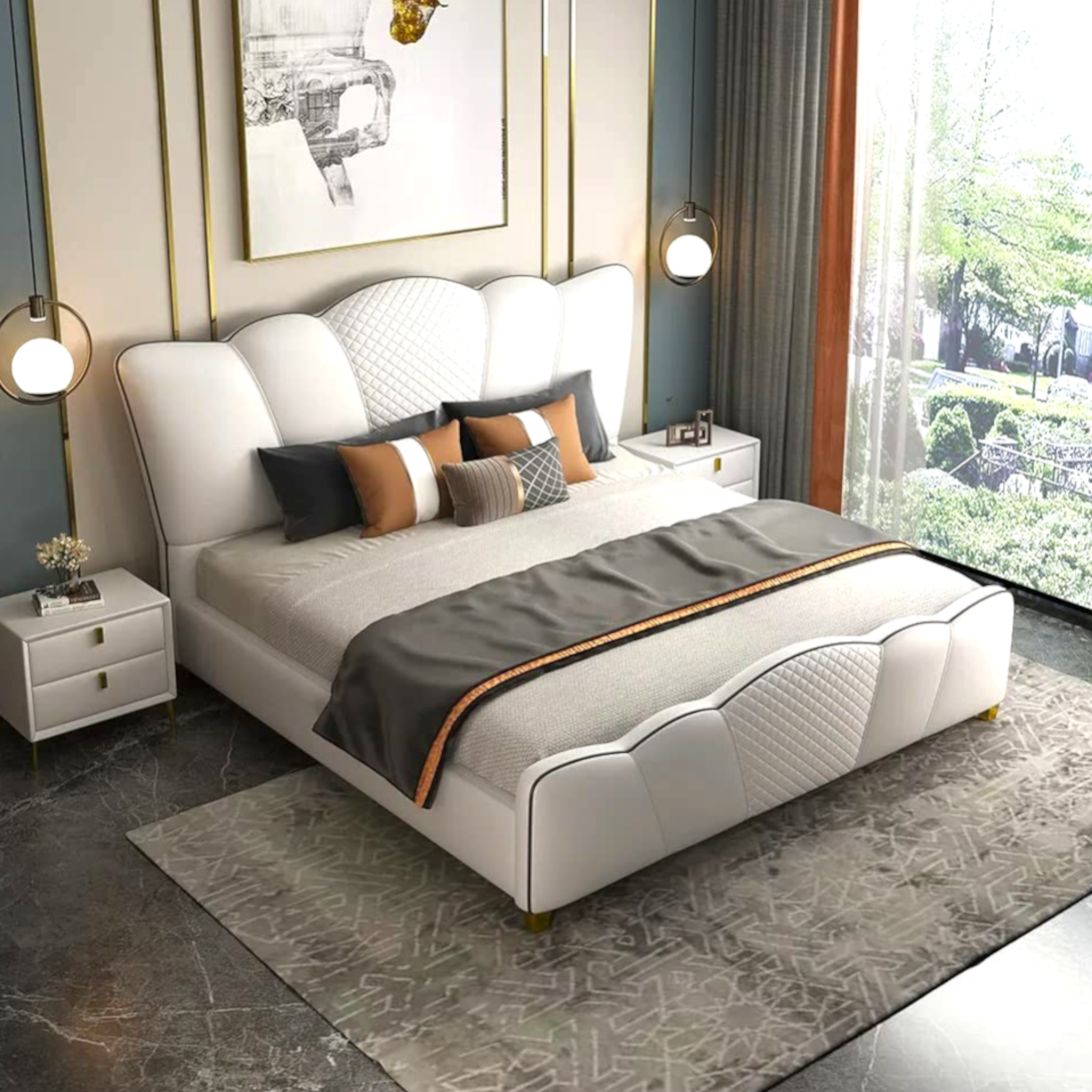Modern bedroom with a white bed, nightstands, and decorative pillows.