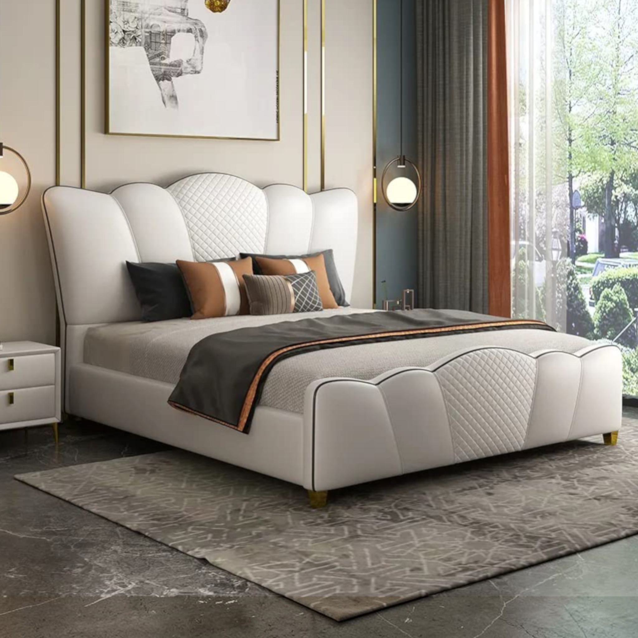 Modern bedroom with a large bed, side table, and decorative elements.