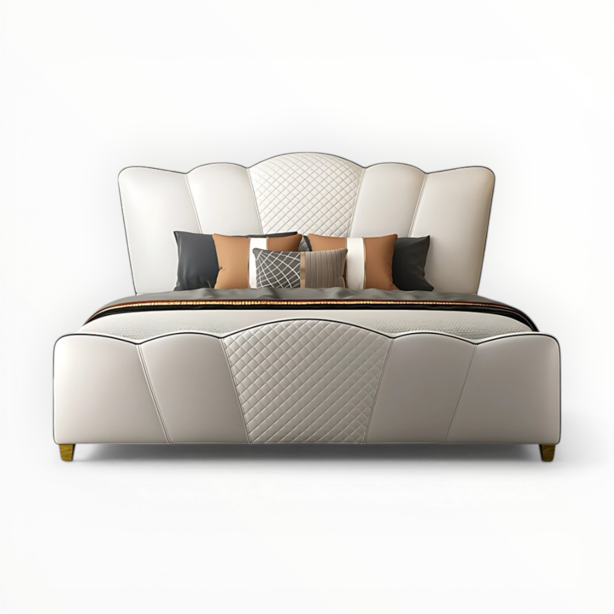 Beige upholstered bed with decorative pillows on a white background
