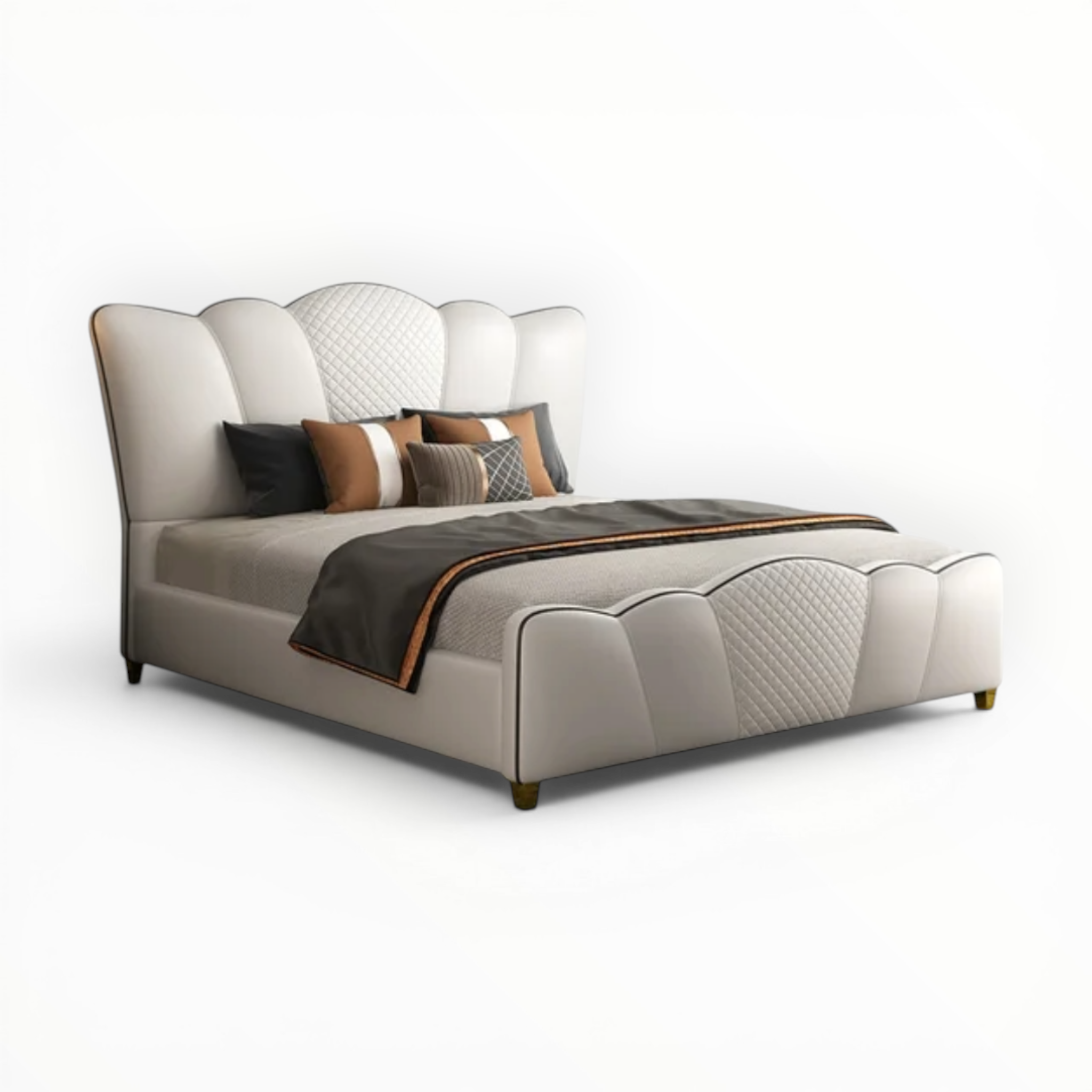 Modern bed with decorative pillows on a white background