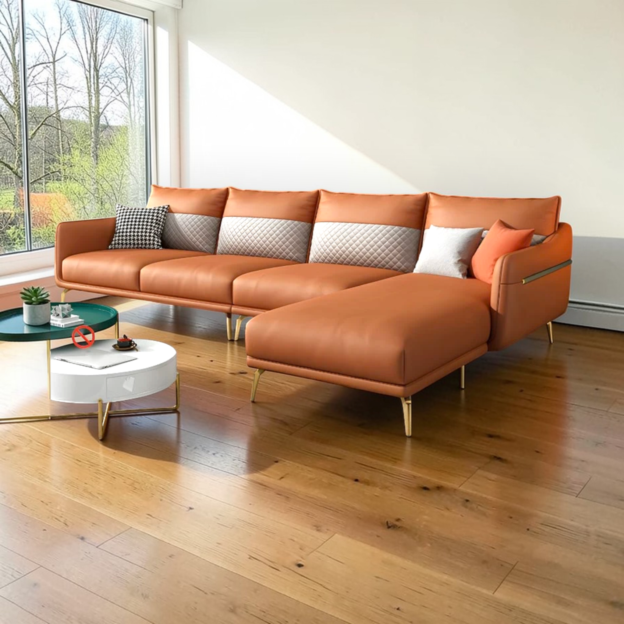 Orange sectional sofa in a modern living room with wooden floor and large windows.
