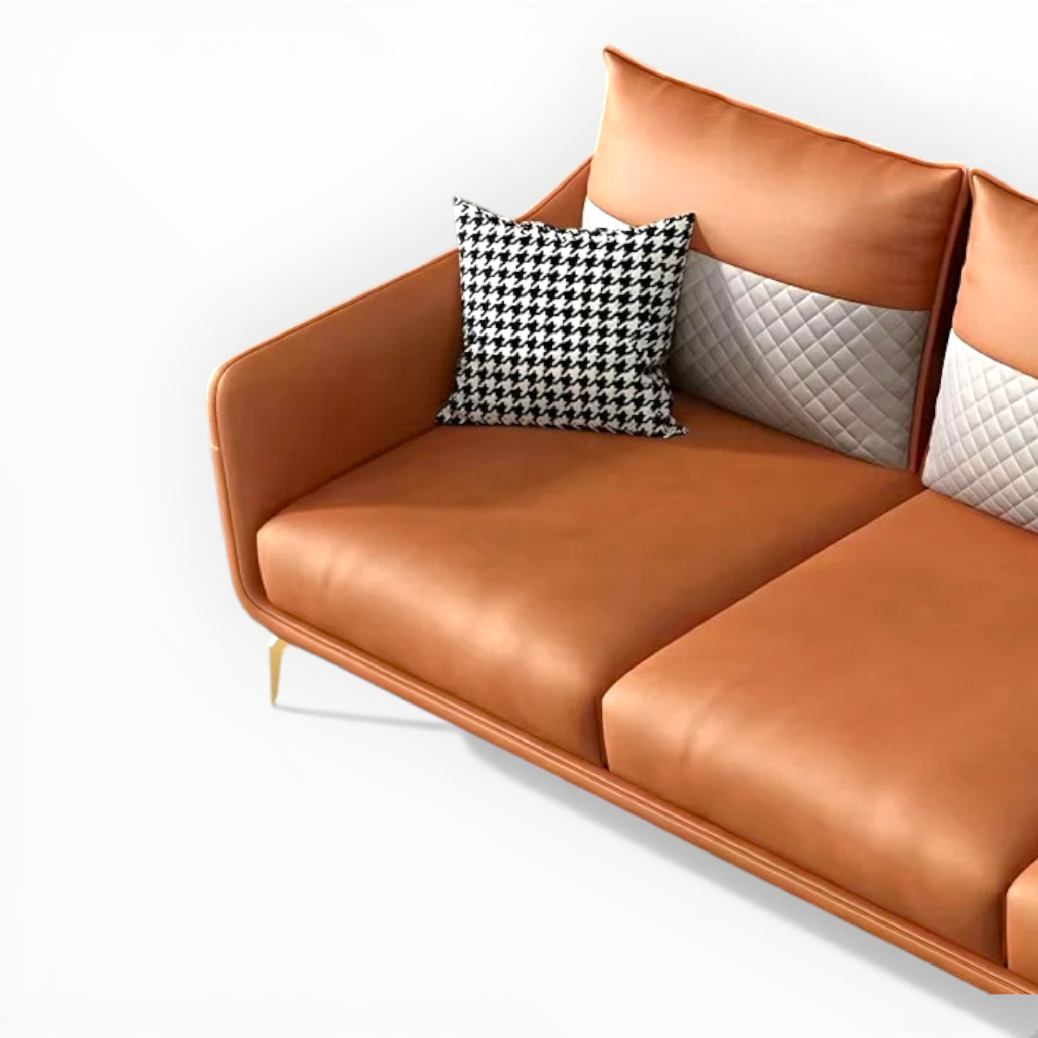 Brown leather sofa with decorative pillows on a white background
