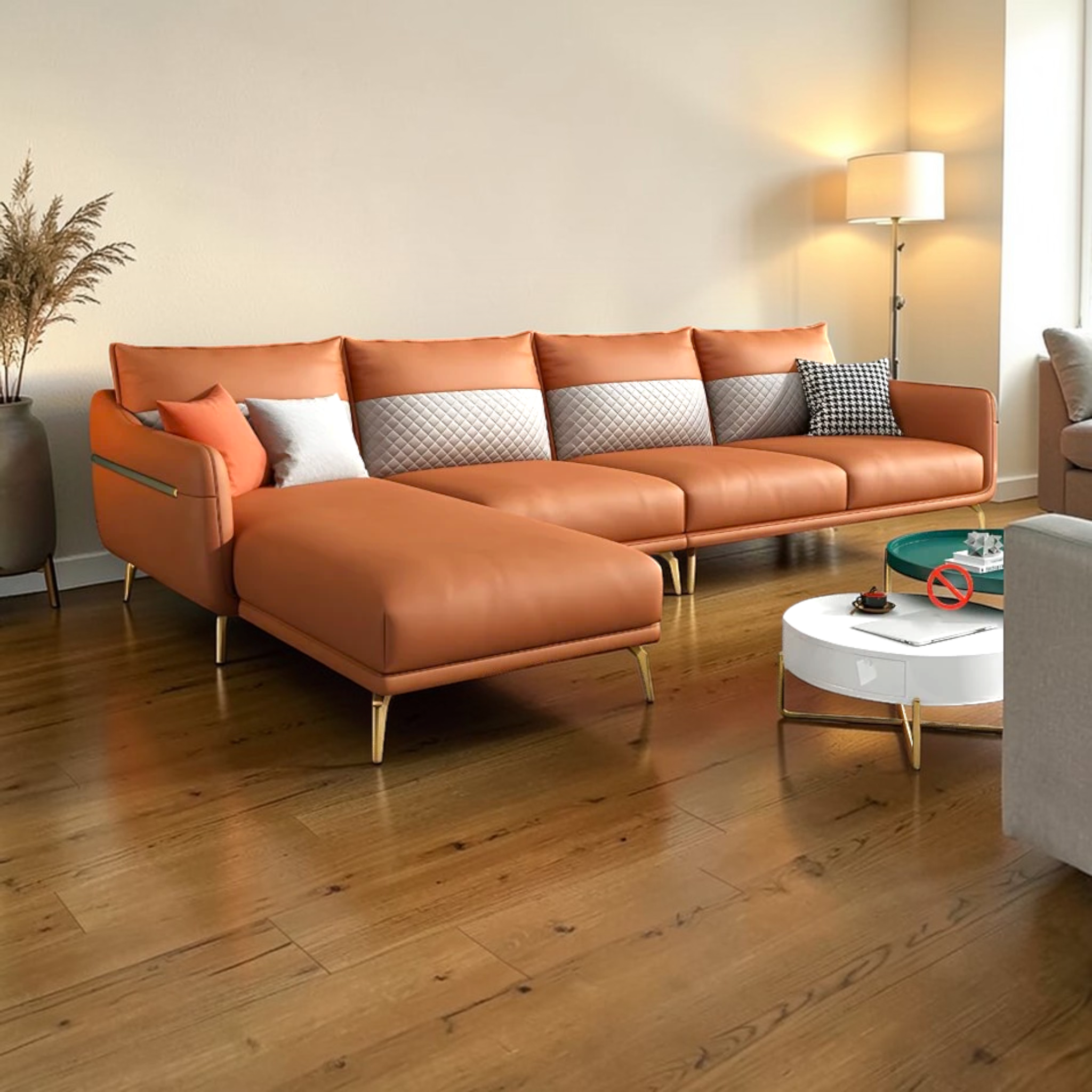 Orange sectional sofa in a living room with wooden floor and lamp.