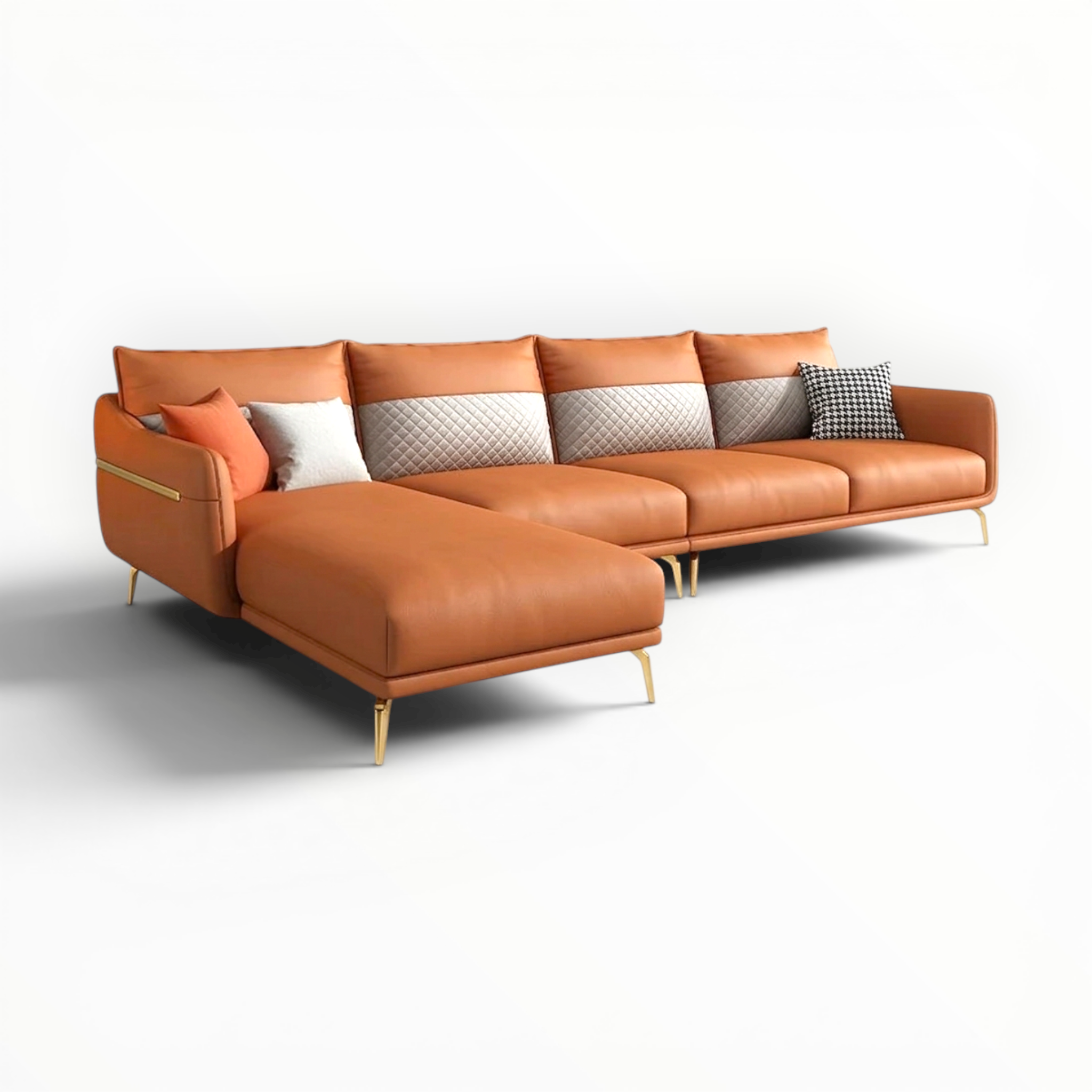 Orange sectional sofa with cushions on a white background