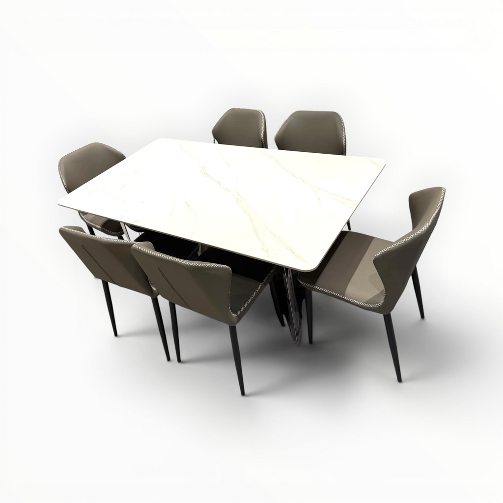 Urban dining chair – rear view showing two-tone taupe and cream leatherette upholstery with cross-stitch trim