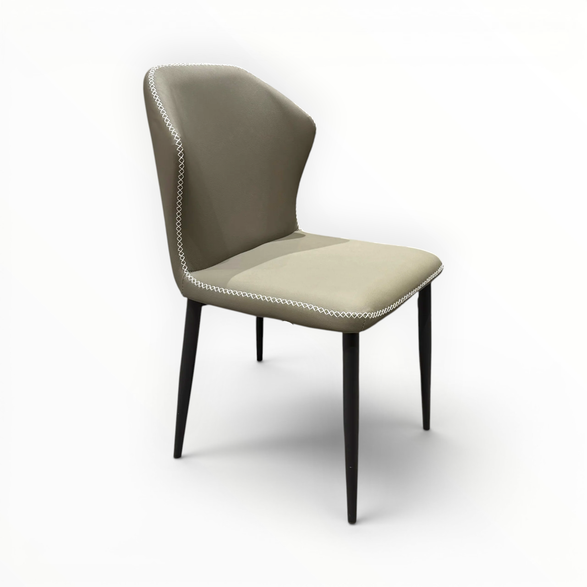 Urban dining chair – two-tone taupe and cream leatherette upholstery with white cross-stitch trim – front view